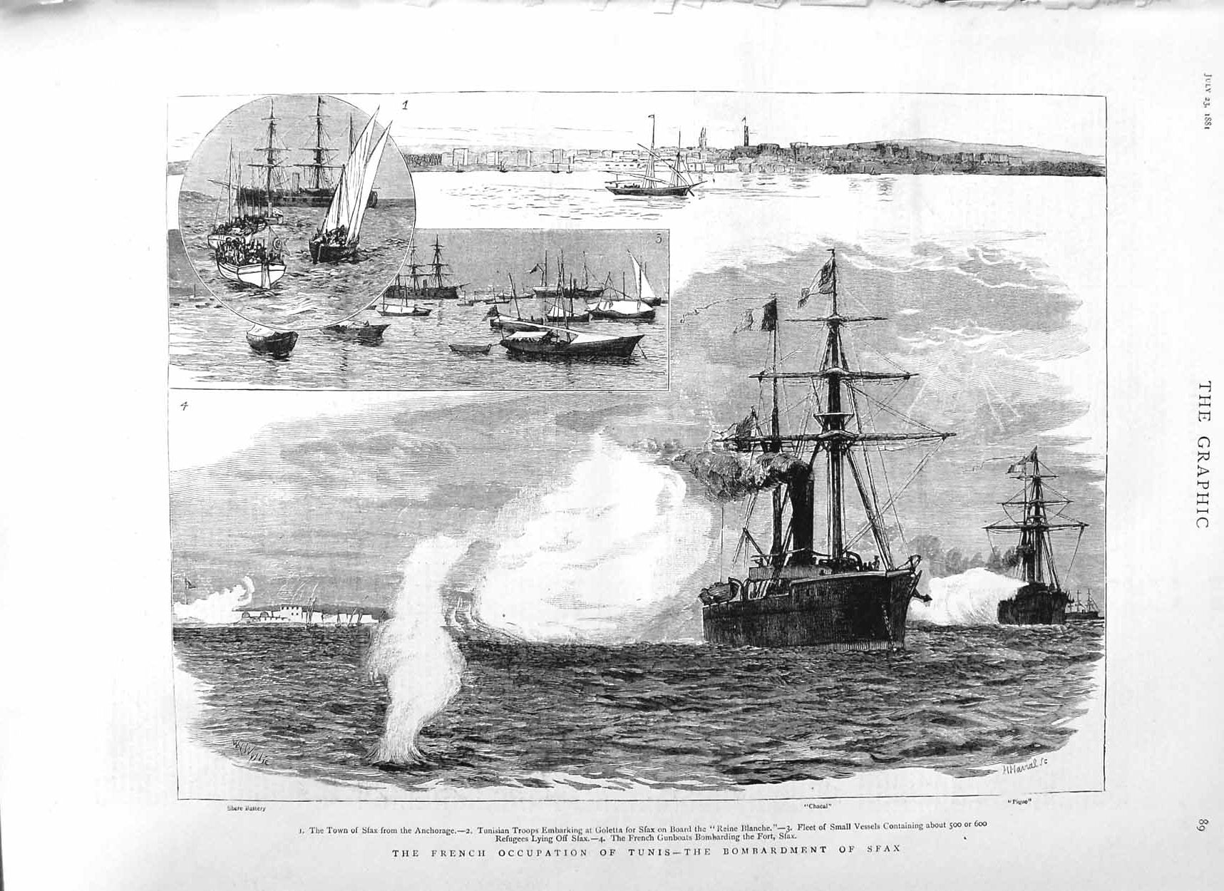 Old Antique Print 1881 French Army Tunis Bombardment Sfax Ships Pique War 19th