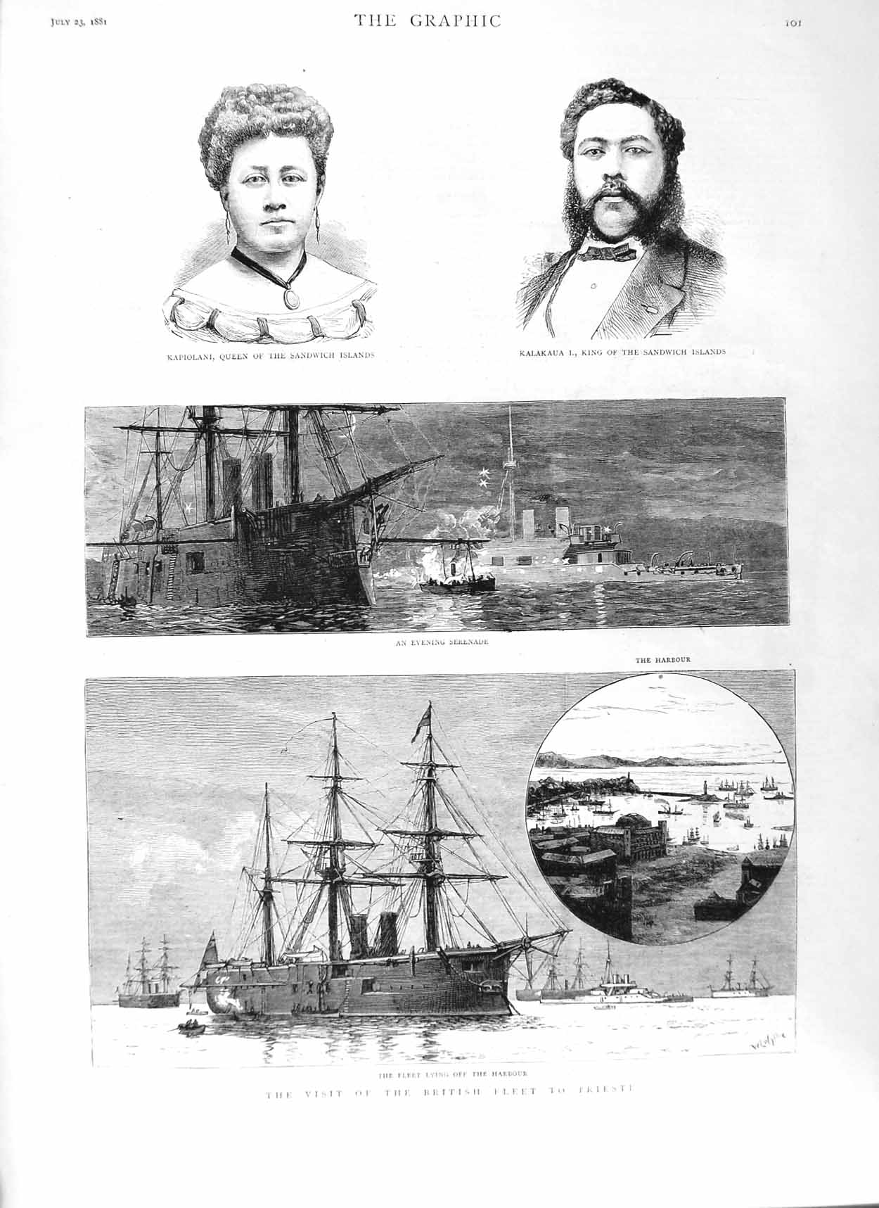 Old Antique Print 1881 British Ships Trieste Queen Sandwich Kalakaua King 19th