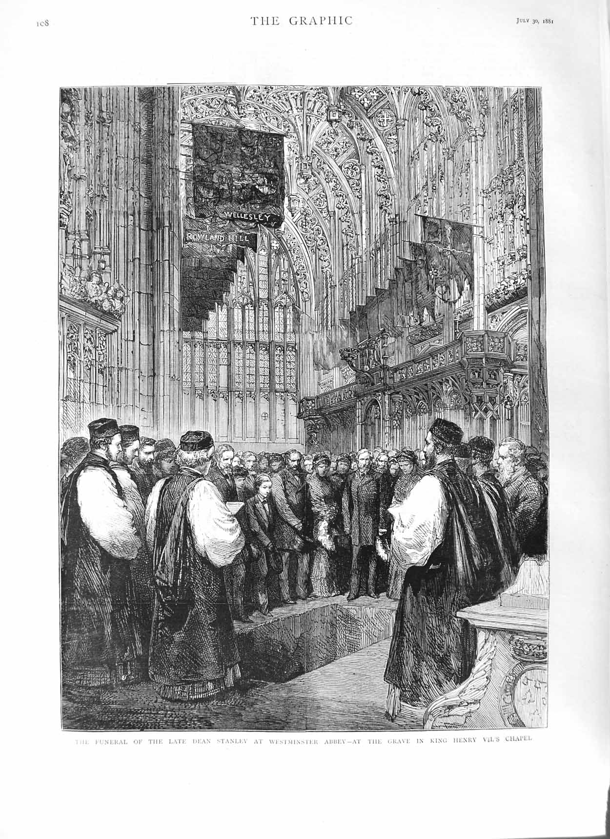 Original Old Antique Print 1881 Funeral Dean Stanley Westminster Abbey Chapel