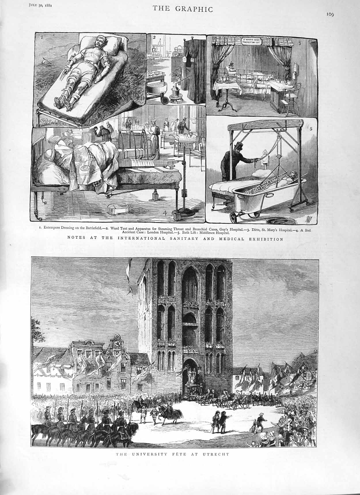 Old Antique Print 1881 University Fete Utrecht Medical Exhibition London 19th