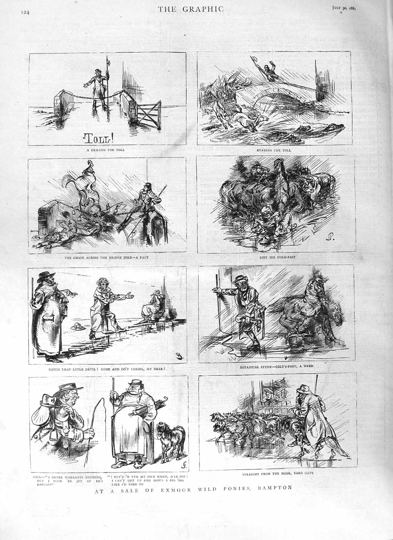Original Old Antique Print 1881 Exmoor Wild Ponies Bampton Horses Sketches 19th