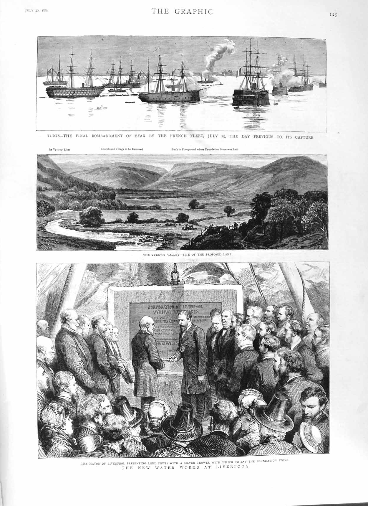 Old Antique Print 1881 Water Works Liverpool Mayor Ship Sfax War Vyrnwy 19th