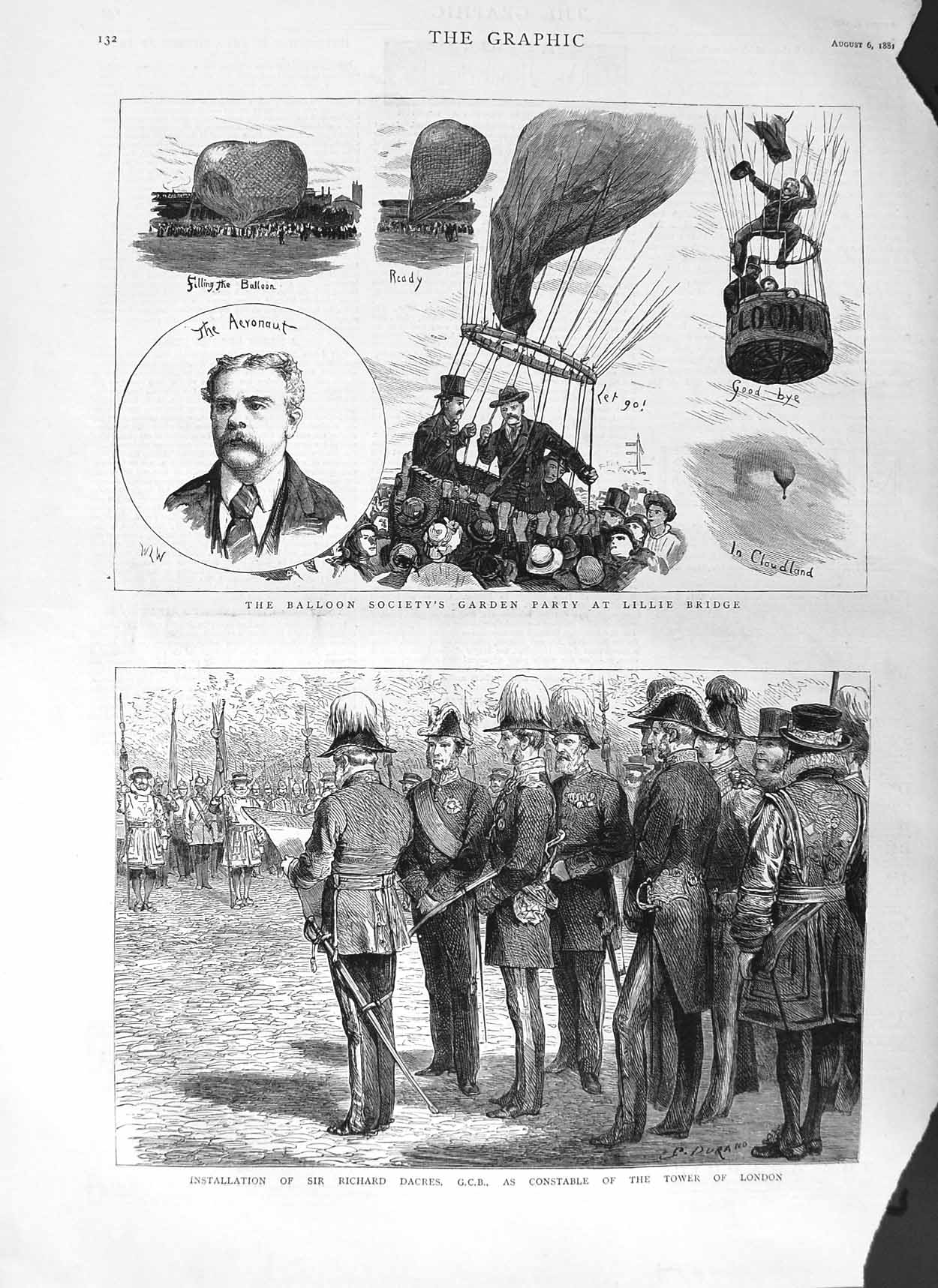 Original Old Antique Print 1881 Balloon Party Lillie Bridge Dacres Tower London