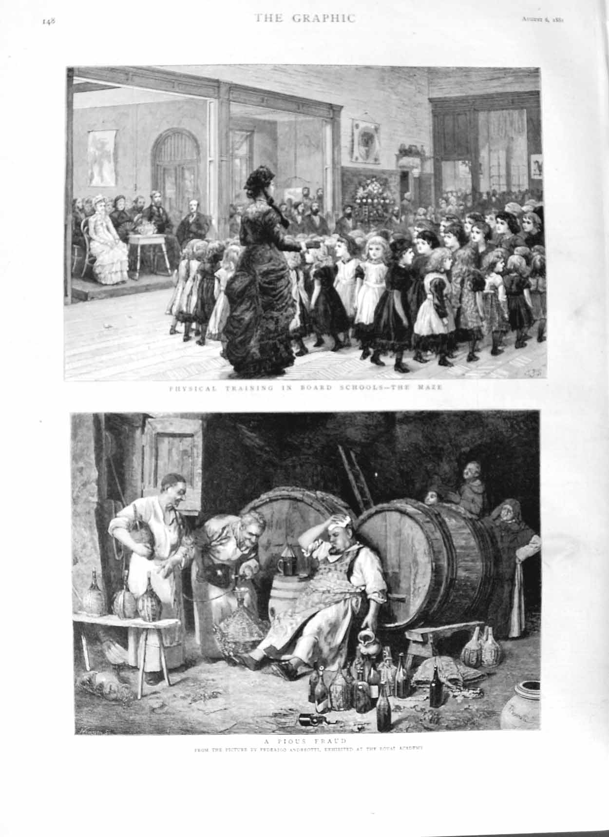 Old Antique Print 1881 Physical Training School Children Pious Drunk Man 19th
