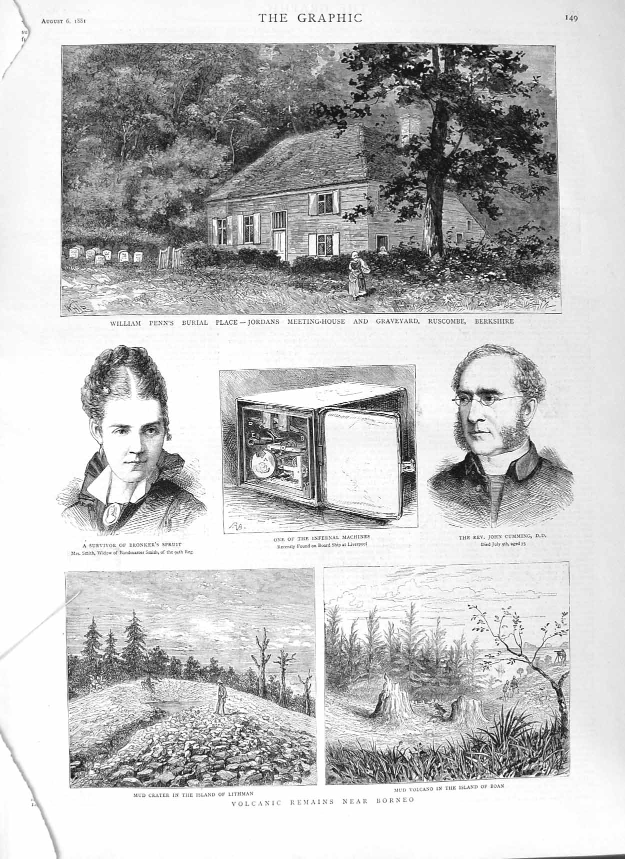 Old Antique Print 1881 William Penn Ruscombe Cumming Borneo Volcano Boan 19th