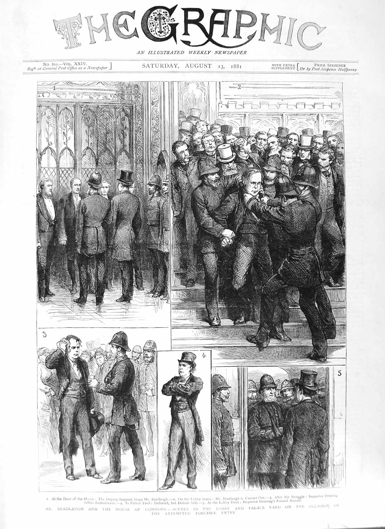 Original Old Antique Print 1881 Bradlaugh House Commons Denning London Palace