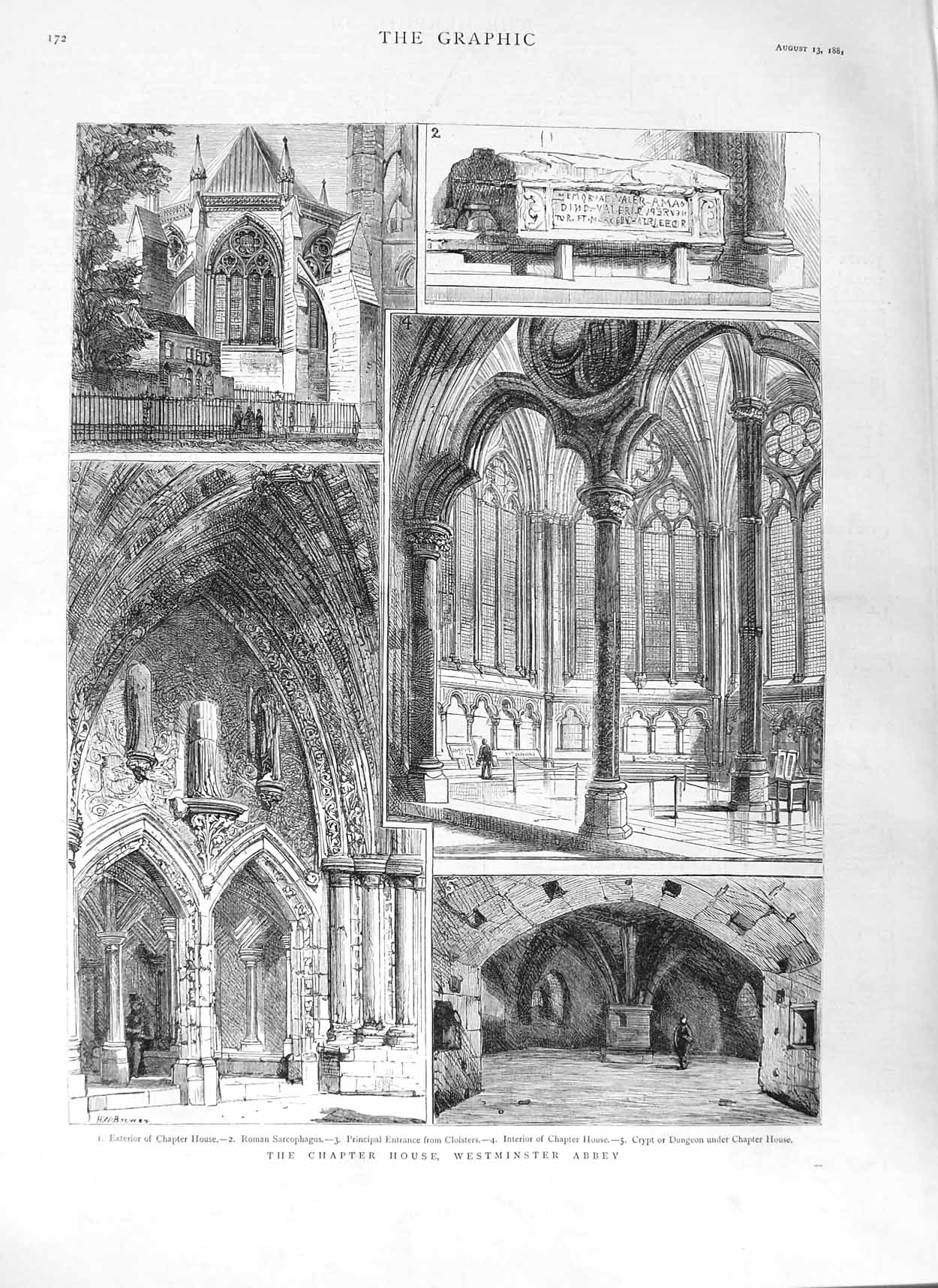 Old Antique Print 1881 Chapter House Westminster Abbey Cloisters Dungeon 19th