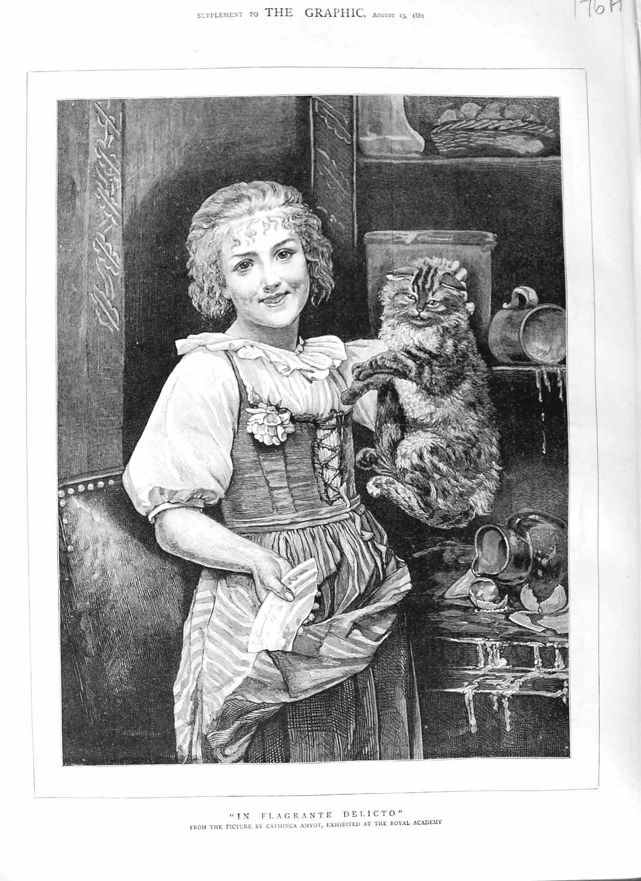Old Antique Print 1881 Cathinca Amyot Fine Art Young Woman Cat Accident 19th