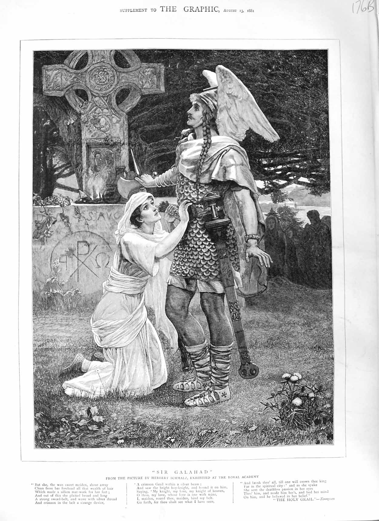 Original Old Antique Print 1881 Scene Sir Galahad Man Armour Woman Schmalz Art