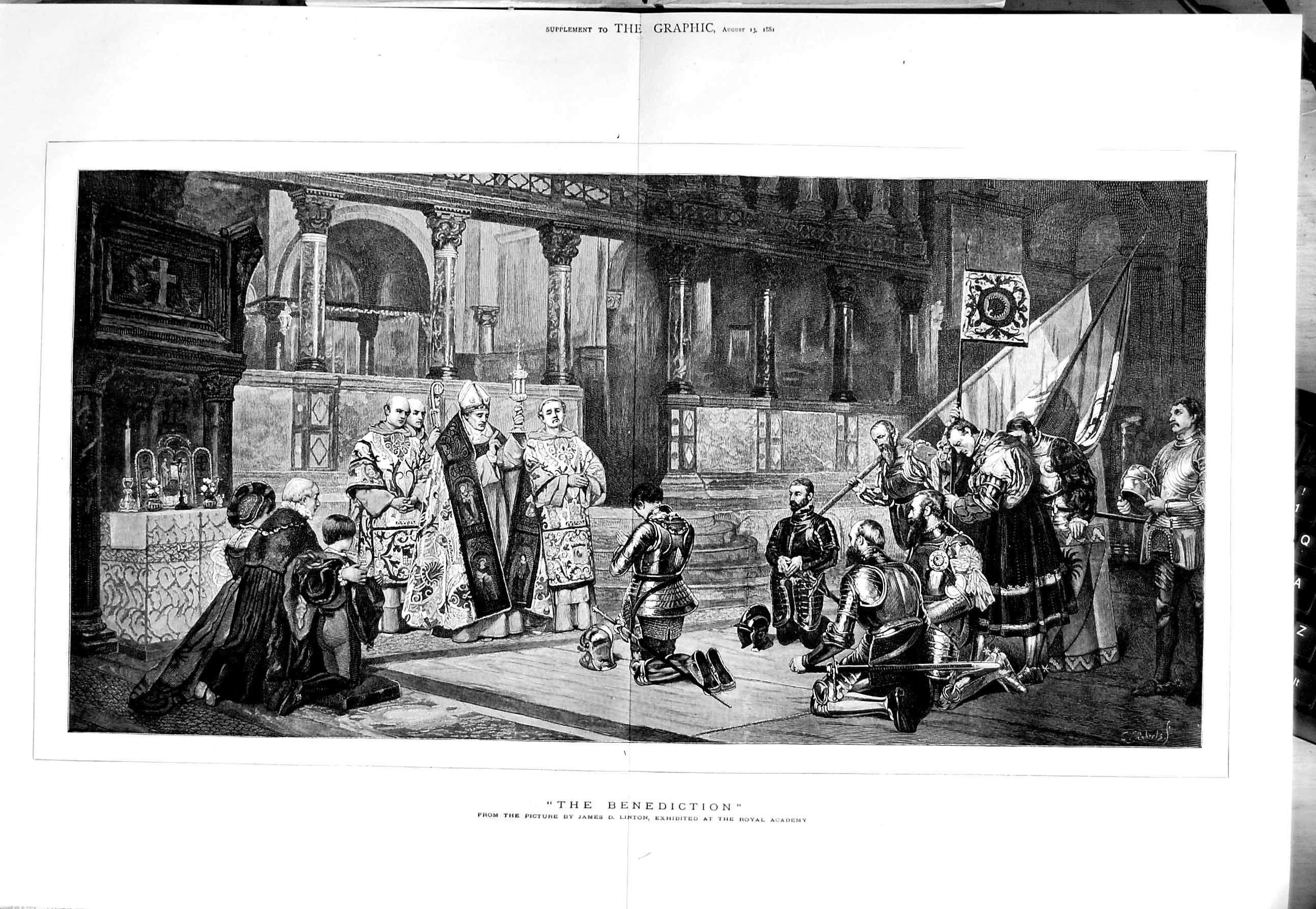 Old Antique Print 1881 Scene Benediction Knight Armour Priest Pope Art 19th