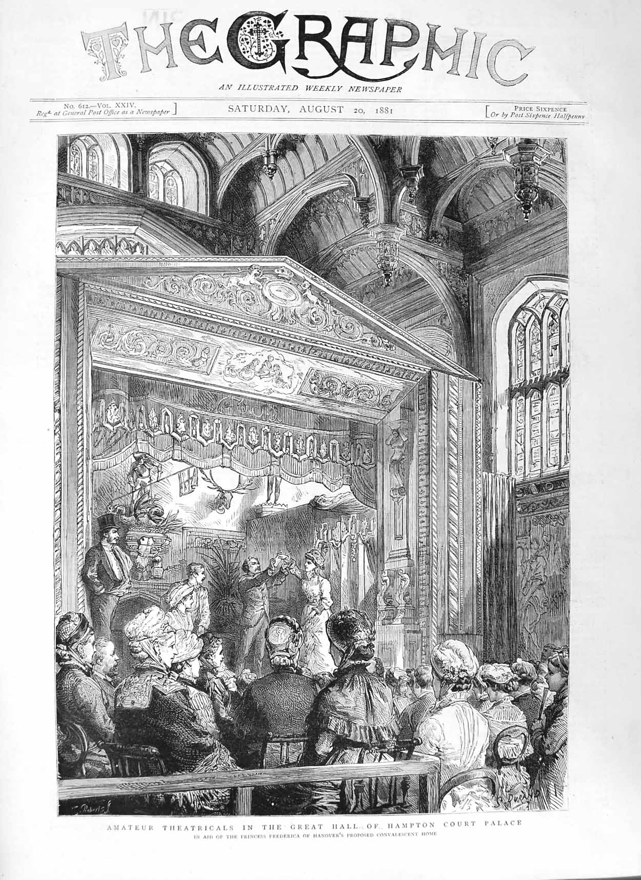 Original Old Antique Print 1881 Amateur Theatricals Hall Hampton Court Palace