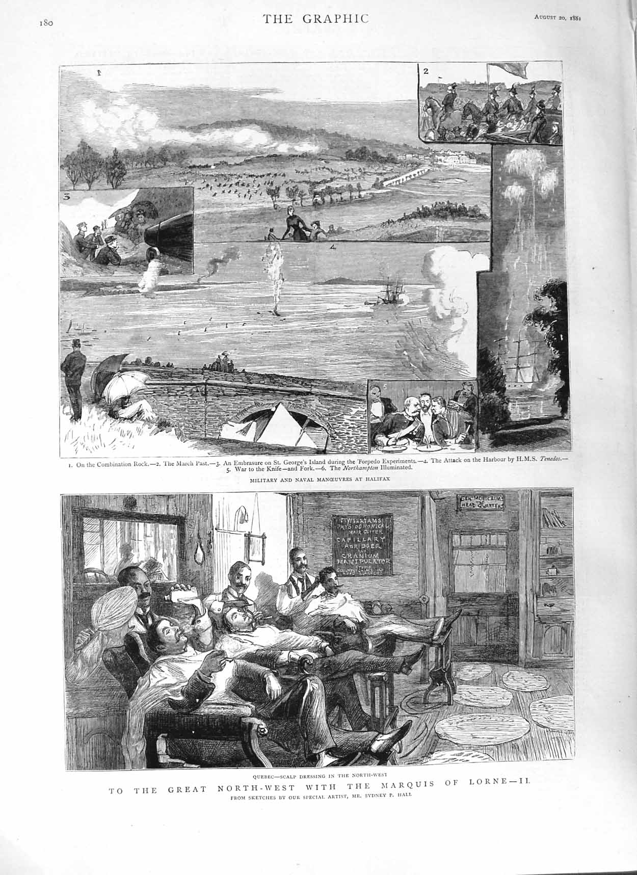 Original Old Antique Print 1881 Marquis Lorne Military Manoeuvres Halifax Ship