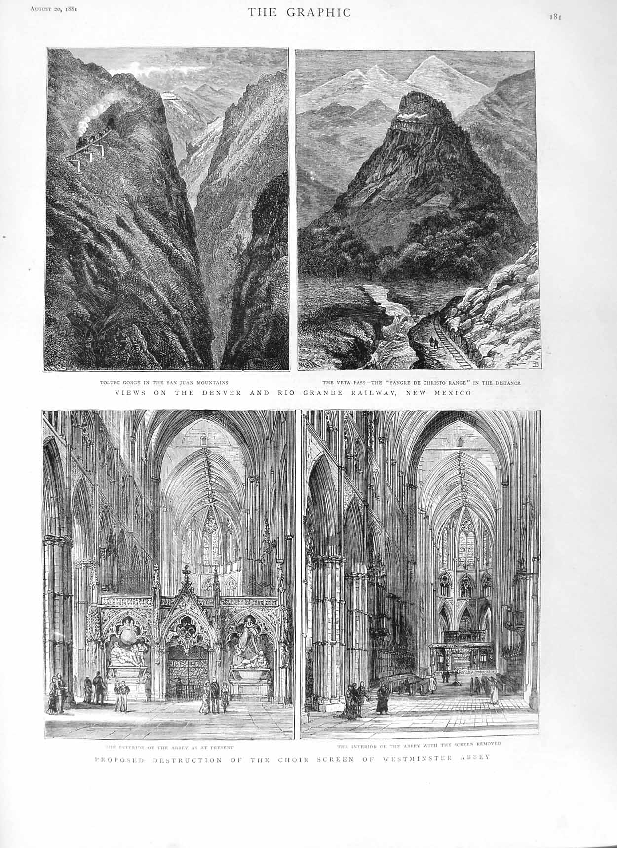 Original Old Antique Print 1881 Westminster Abbey Denver Grande Railway Mexico