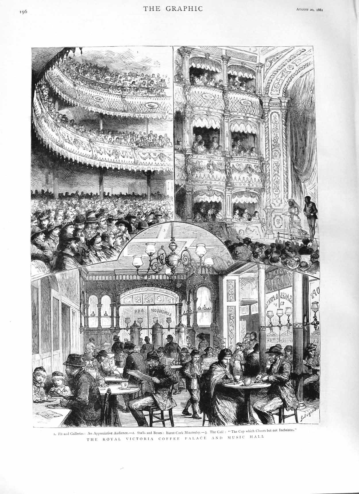Original Old Antique Print 1881 Royal Victoria Coffee Palace Music Hall 19th