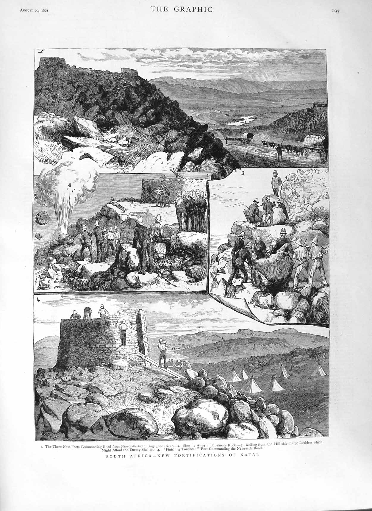 Old Antique Print 1881 South Africa Natal Forts Ingagane River Newcastle 19th