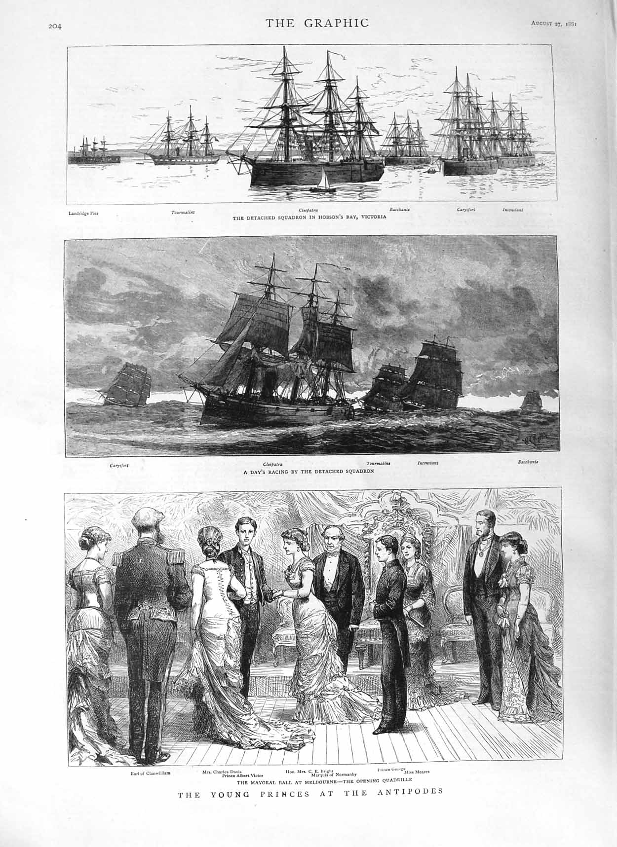 Original Old Antique Print 1881 Ball Melbourne Prince Victor Ships Cleopatra