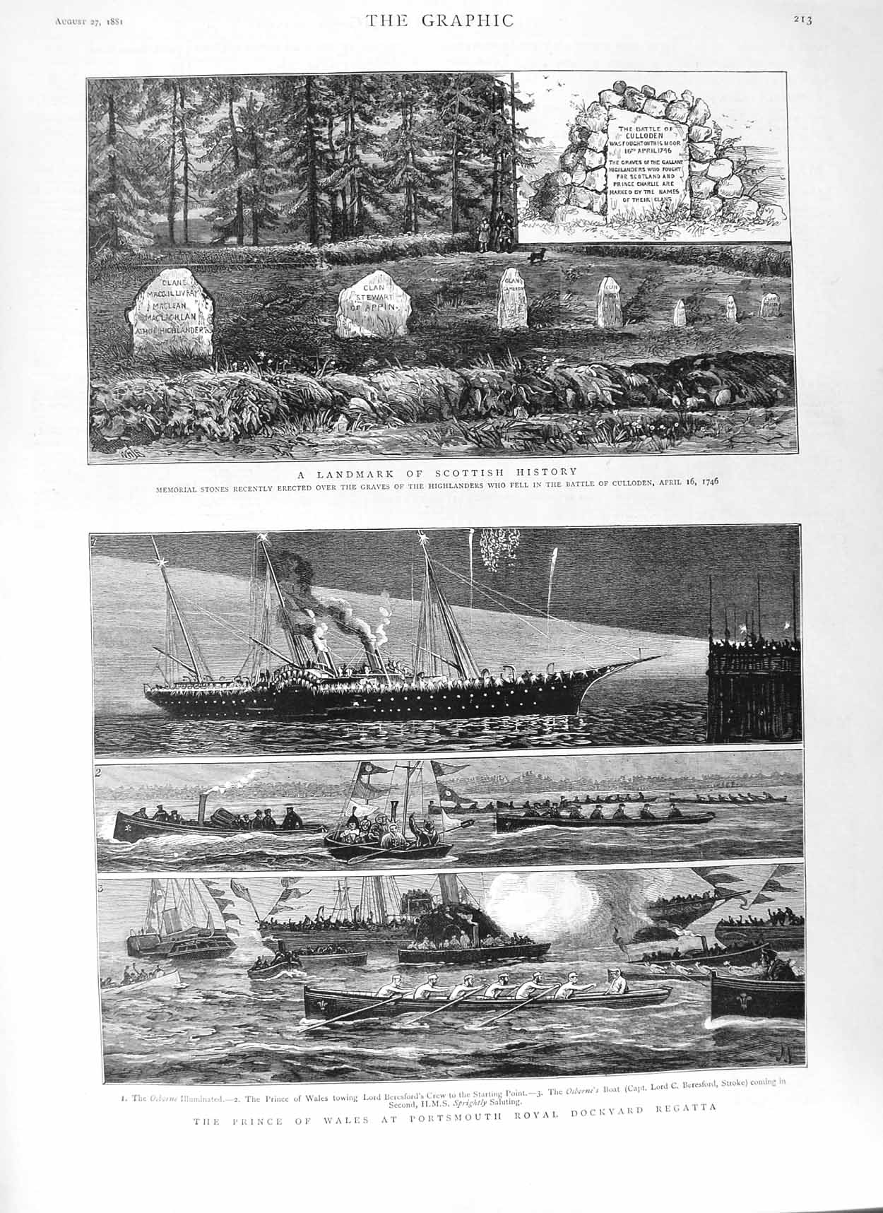 Original Old Antique Print 1881 Prince Wales Portsmouth Regatta Battle Culloden