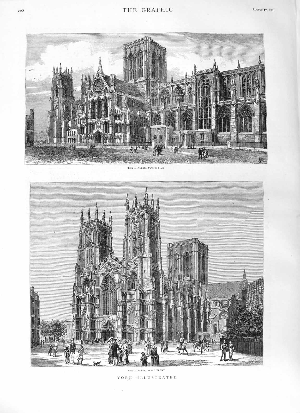 Original Old Antique Print 1881 York Minster Cathedral Church Architecture 19th