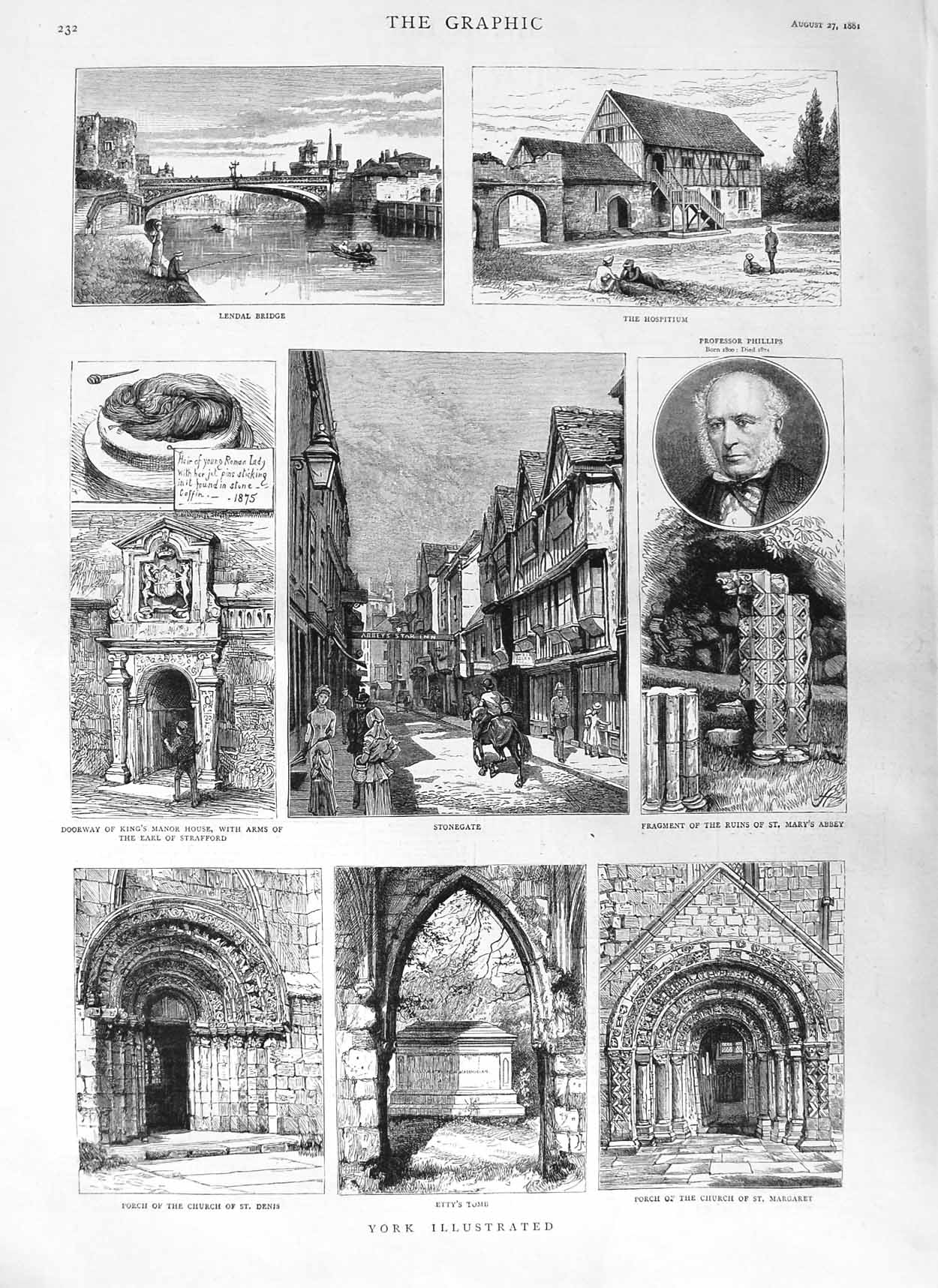 Original Old Antique Print 1881 York Lendal Bridge Stonegate Mary'S Abbey Denis