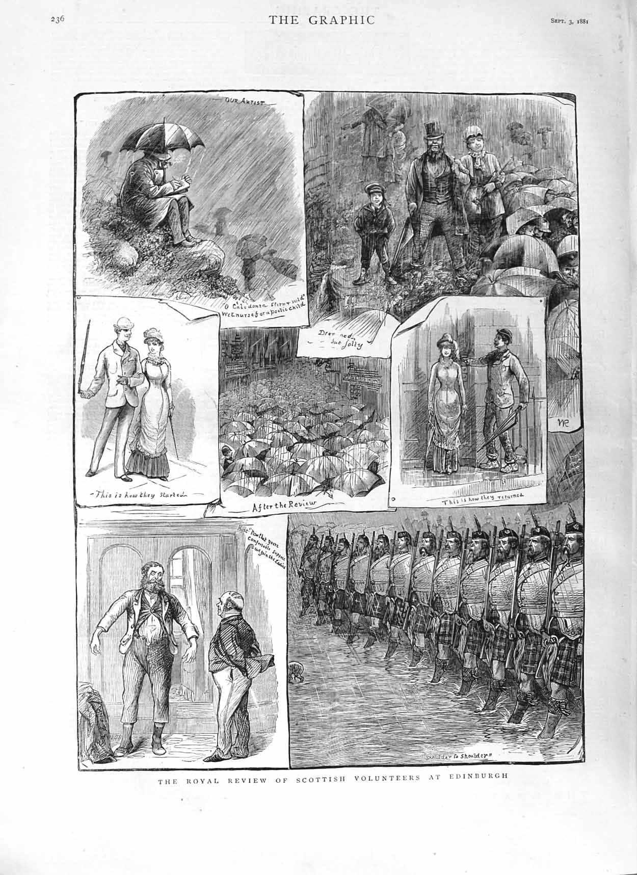 Original Old Antique Print 1881 Scottish Army Volunteers Edinburgh Royal Review