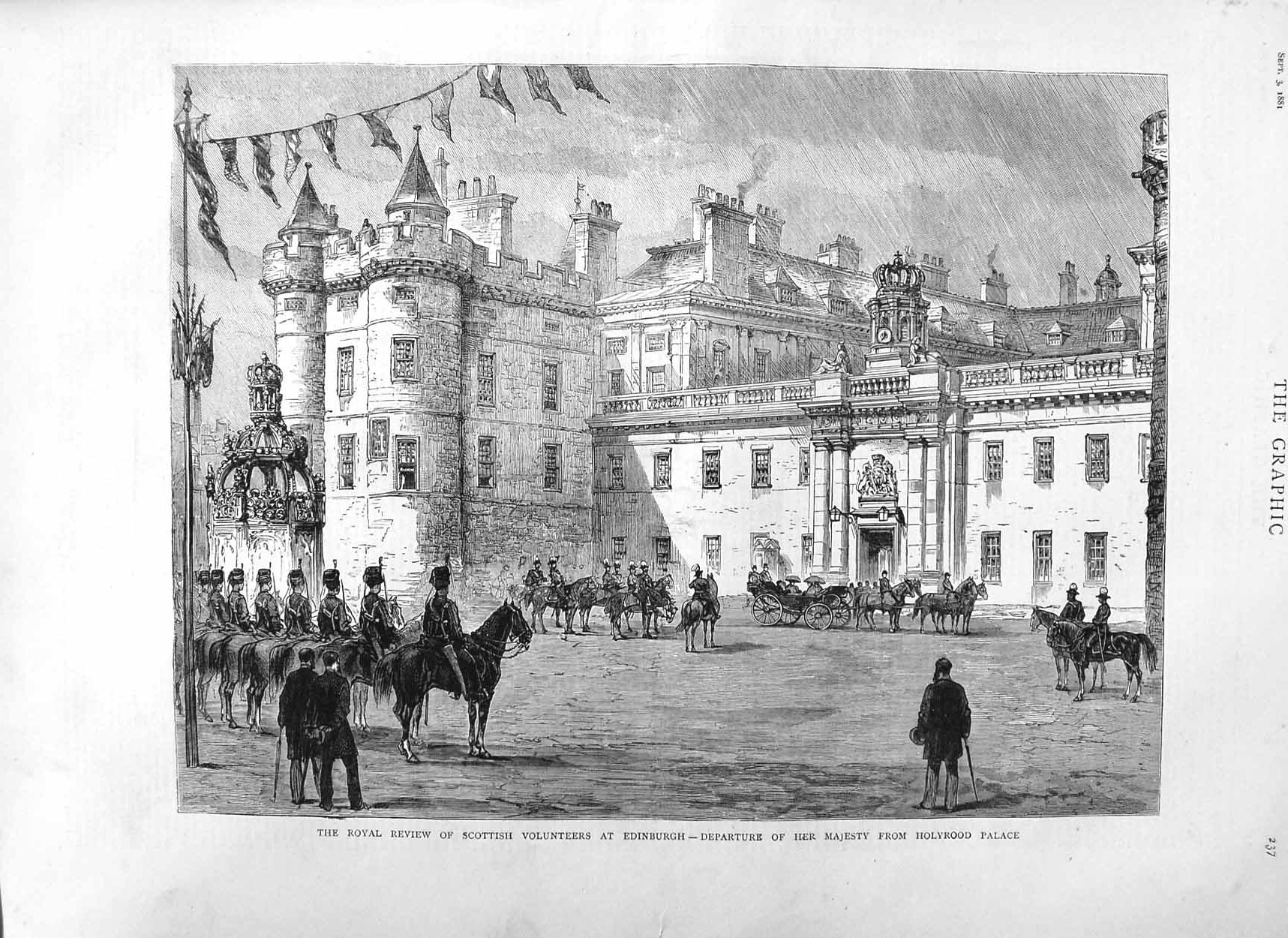 Old Antique Print 1881 Scottish Army Volunteers Edinburgh Holyrood Palace 19th