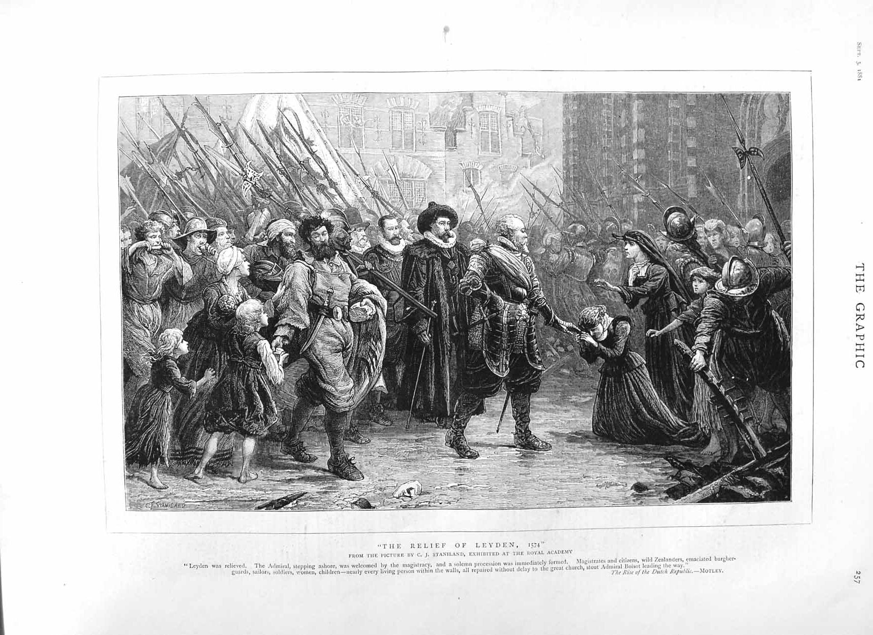 Original Old Antique Print 1881 Scene Relief Leyden Admiral Siers Weapons 19th