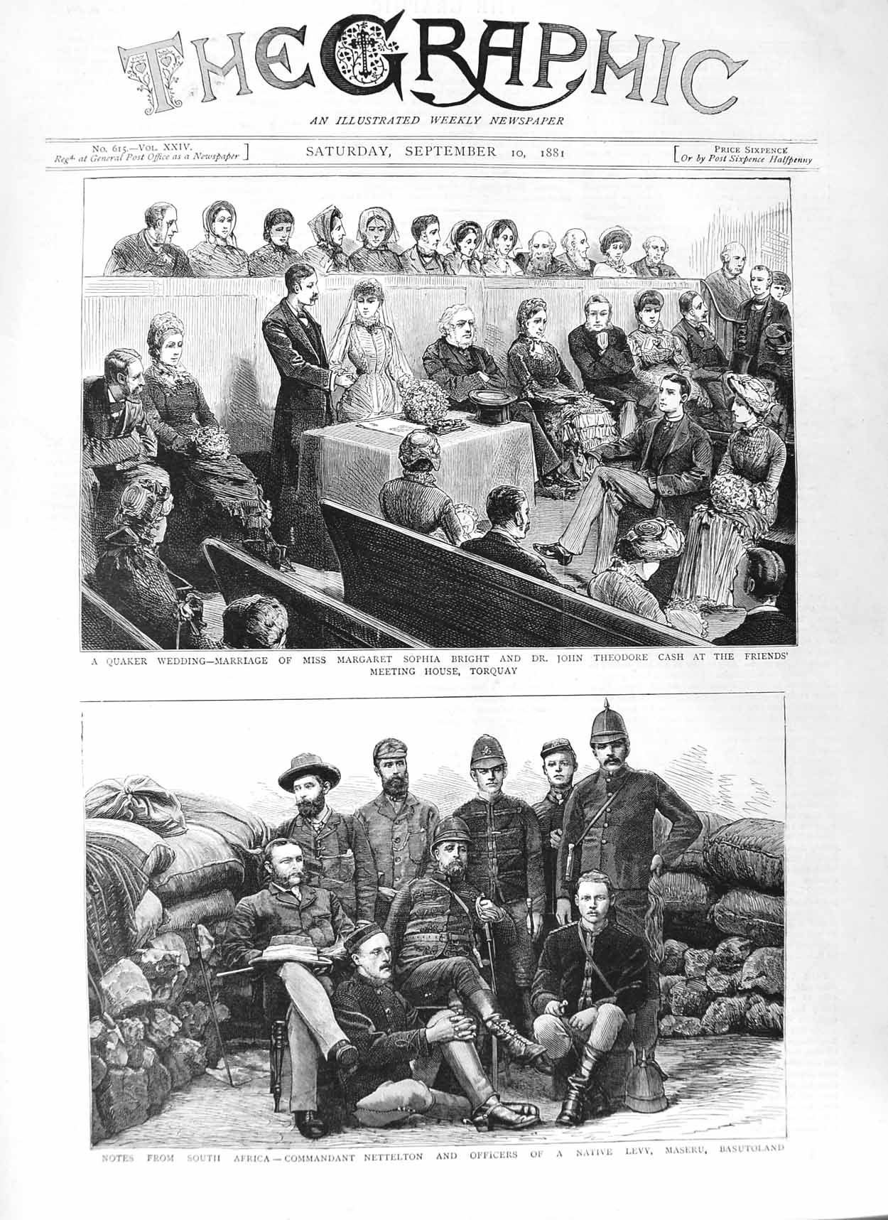 Old Antique Print 1881 Quaker Wedding Sophia Theodore Torquay Basutoland 19th