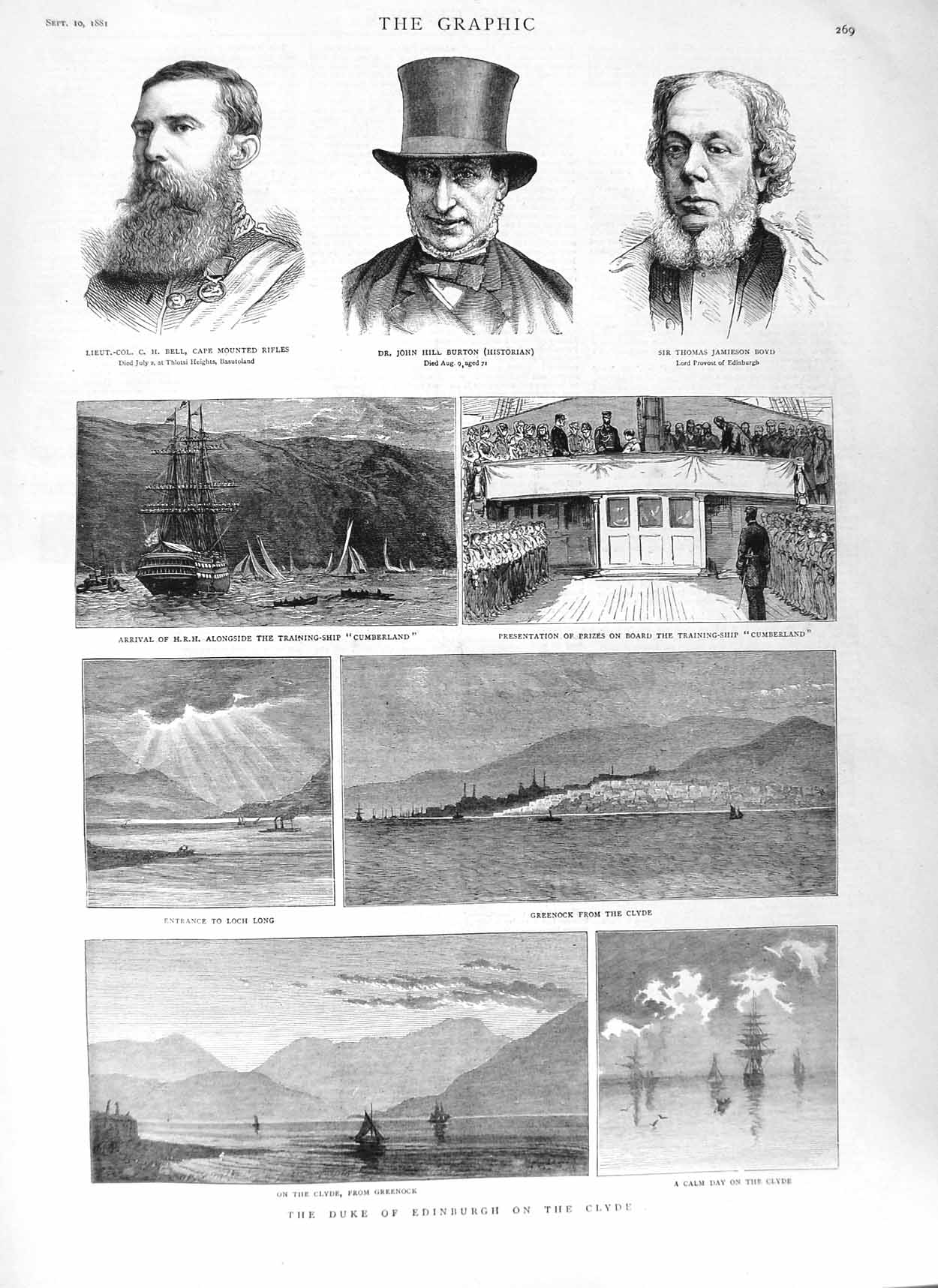 Original Old Antique Print 1881 Duke Edinburgh Clyde Ship Cumberland Bell 19th
