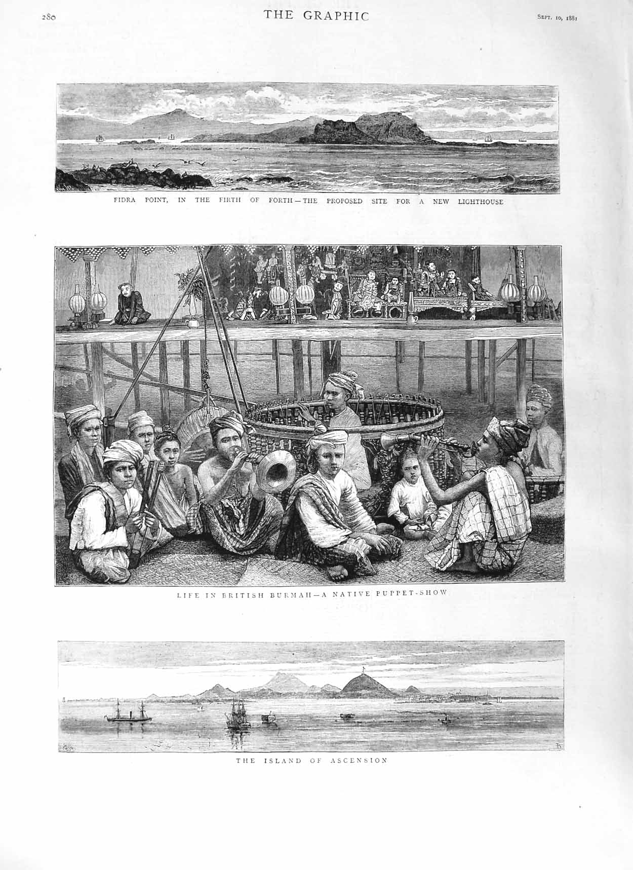 Original Old Antique Print 1881 Island Ascension Burmah Fidra Point Firth Forth