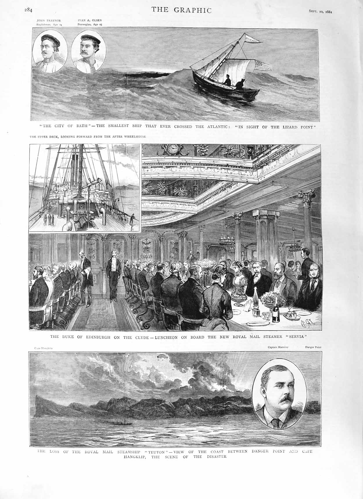 Old Antique Print 1881 City Bath Ship Lizard Duke Edinburgh Clyde Teuton 19th