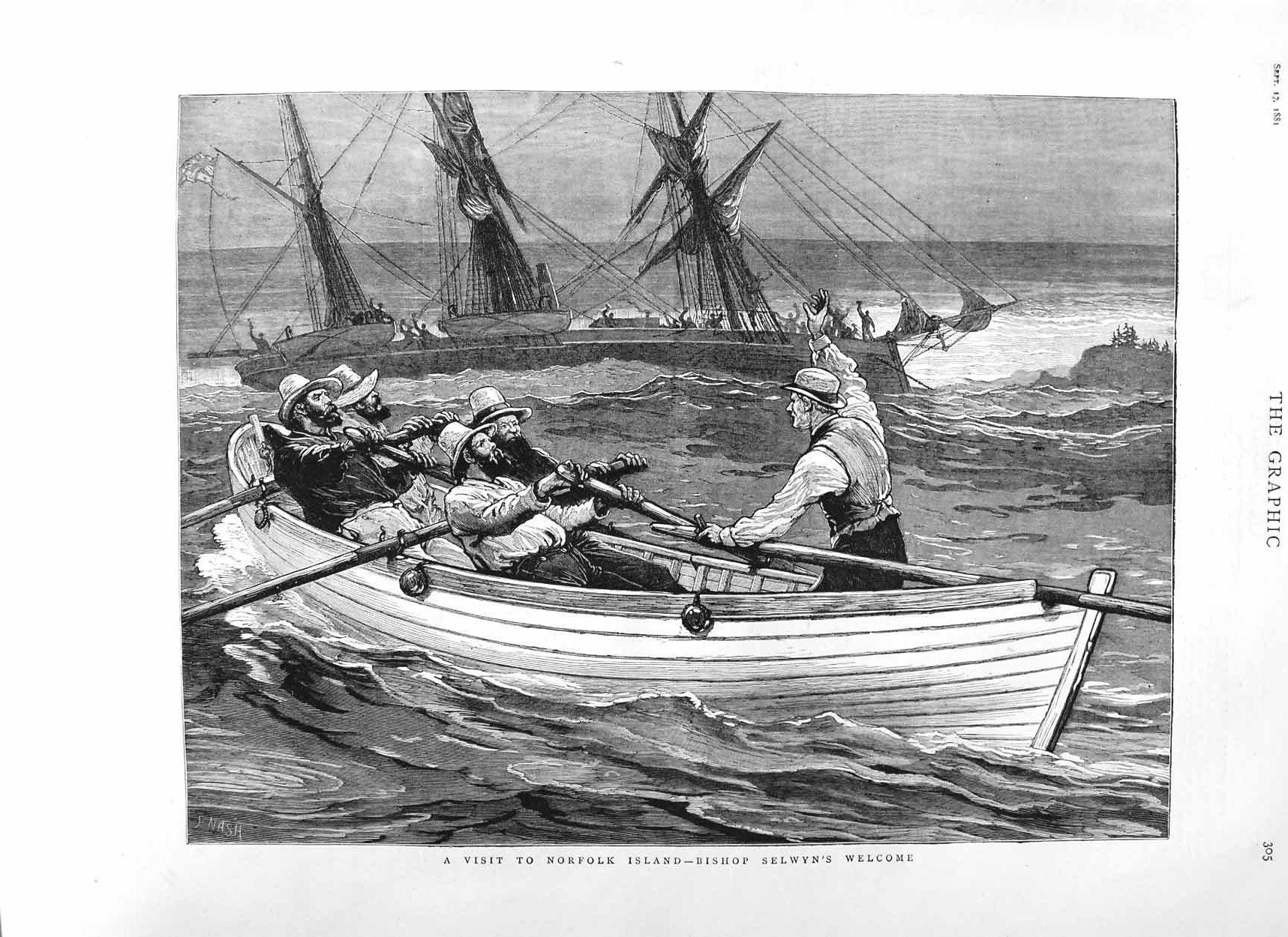 Original Old Antique Print 1881 Norfolk Island Boat Bishop Selwyn Ship Fine Art