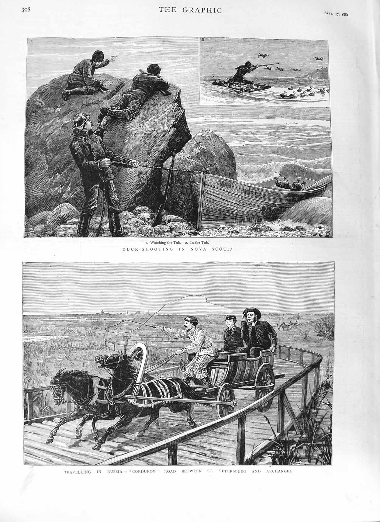 Old Antique Print 1881 Duck Shooting Nova Scotia Russia Corduroy Horses 19th