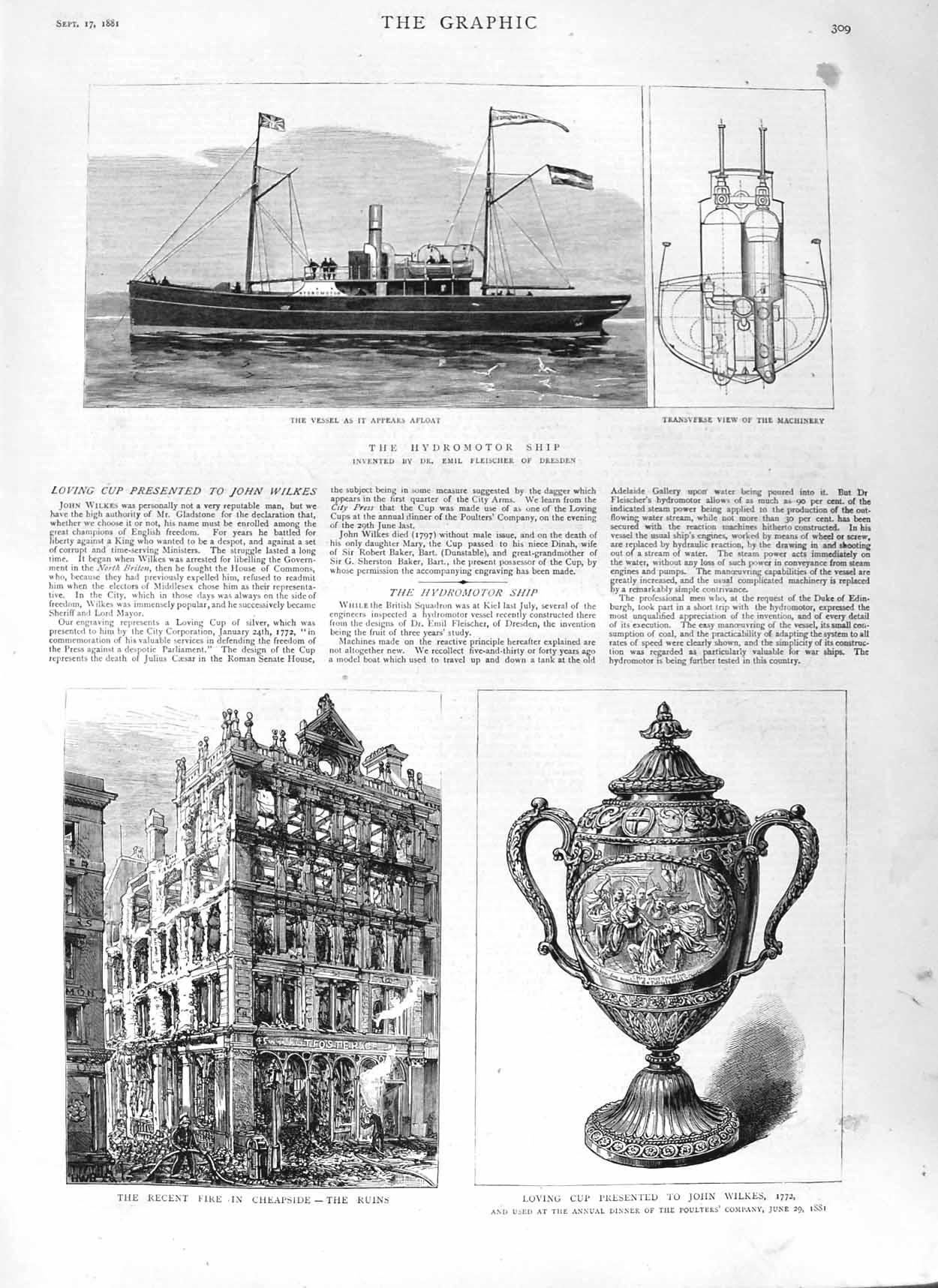 Original Old Antique Print 1881 Hydromotor Ship Fire Cheapside Cup John 19th