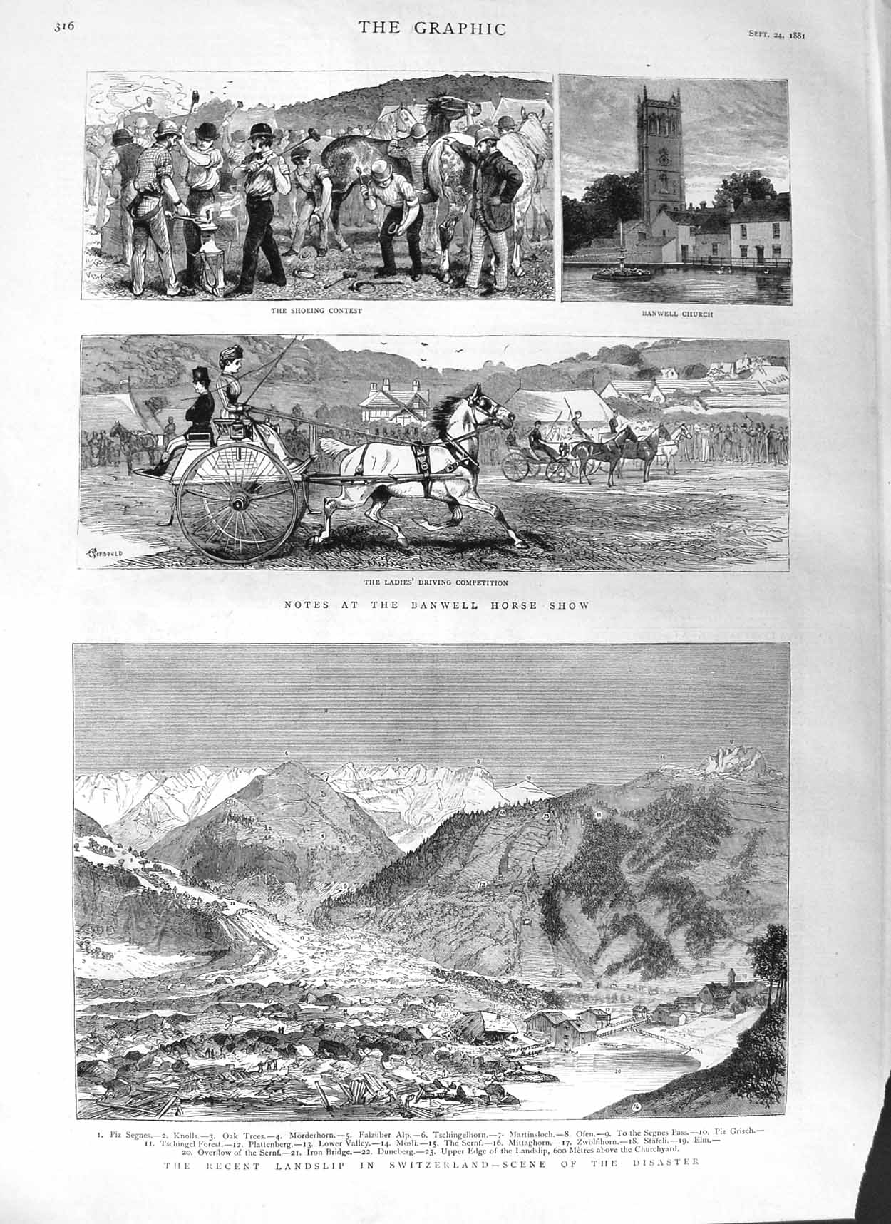 Old Antique Print 1881 Banwell Horse Show Landslip Switzerland Mountains 19th
