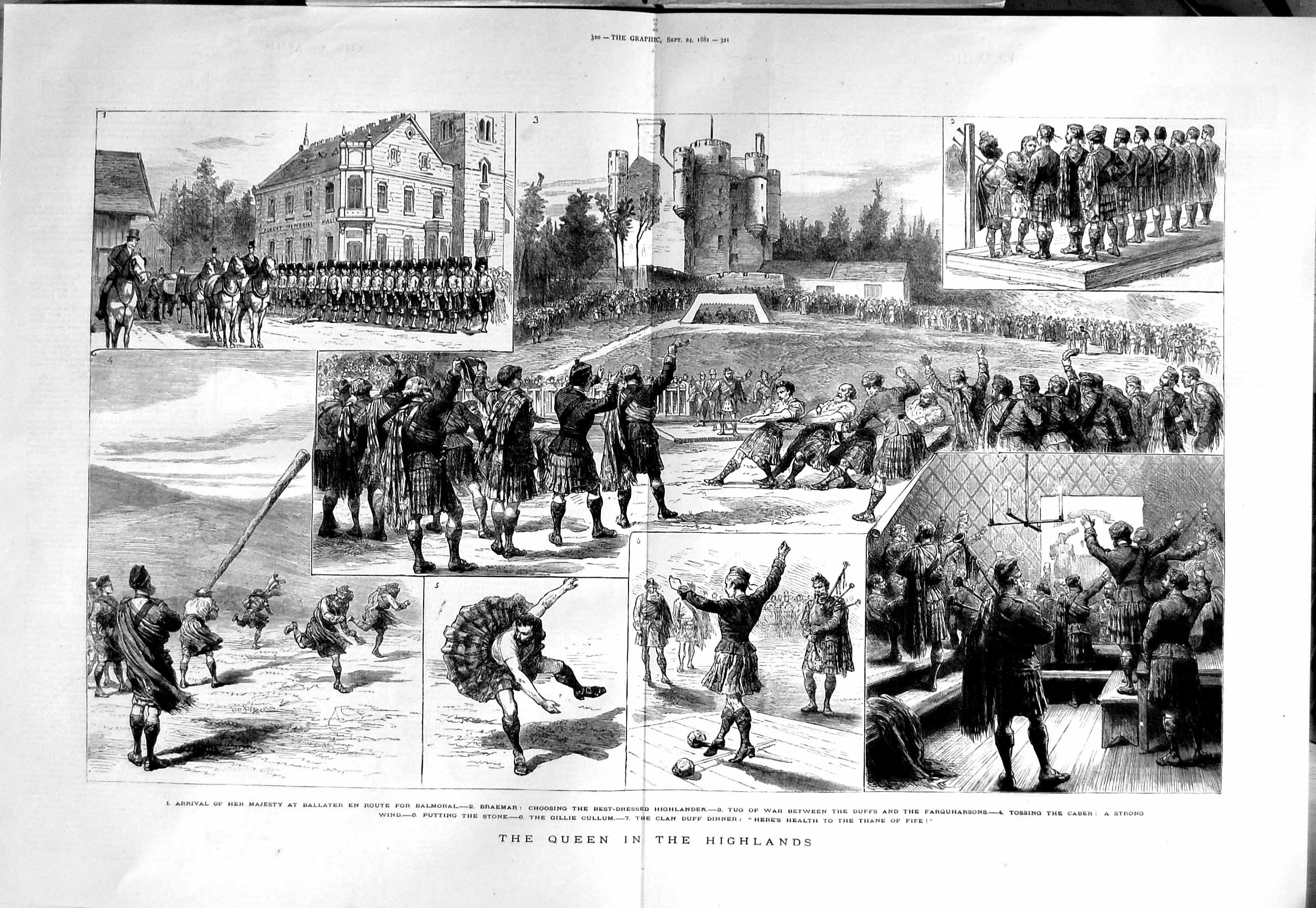Old Antique Print 1881 Queen Highlands Scotland Braemar Balmoral Caber 19th