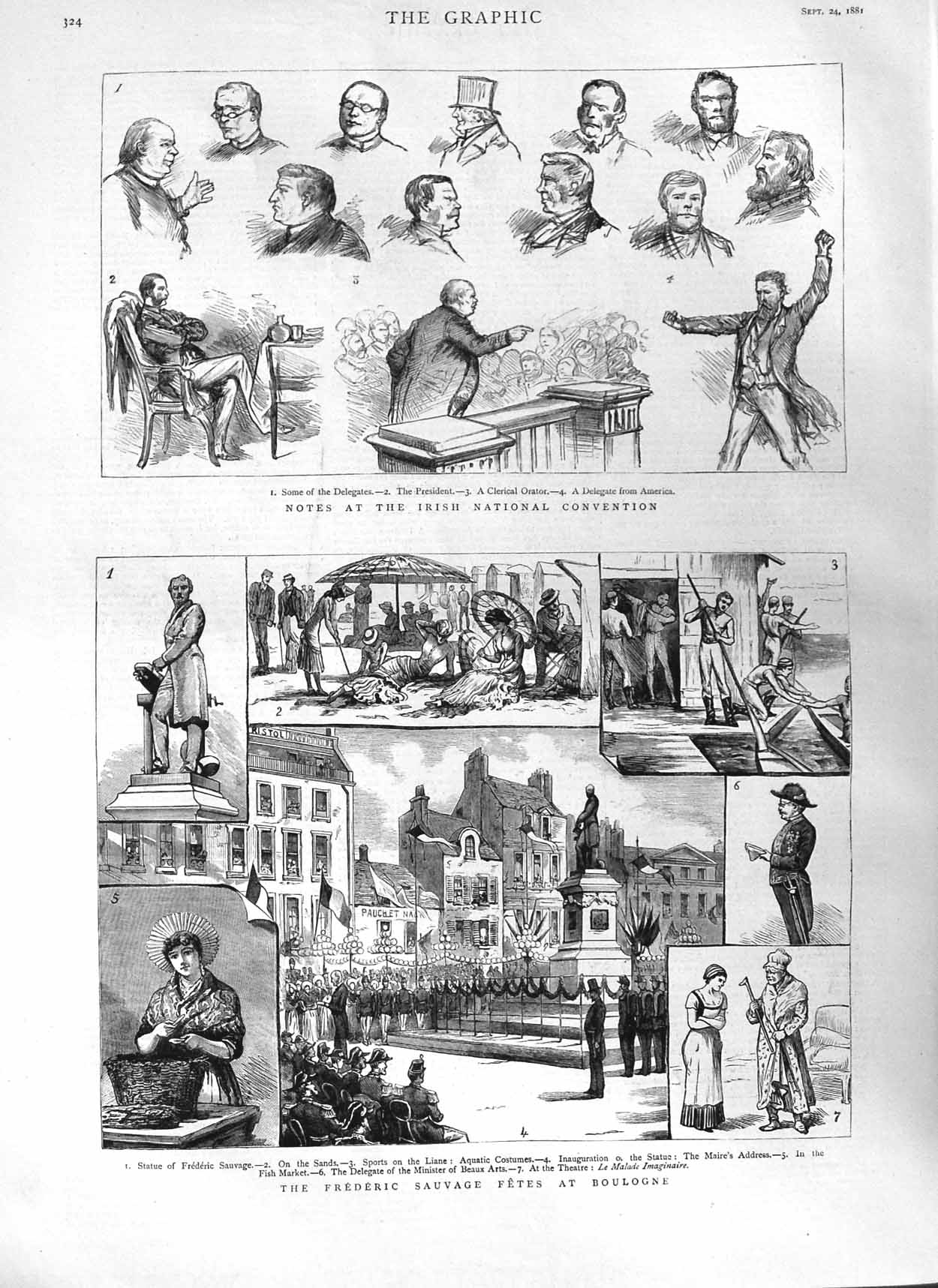 Old Antique Print 1881 Frederic Sauvage Fetes Boulogne Irish Convention 19th