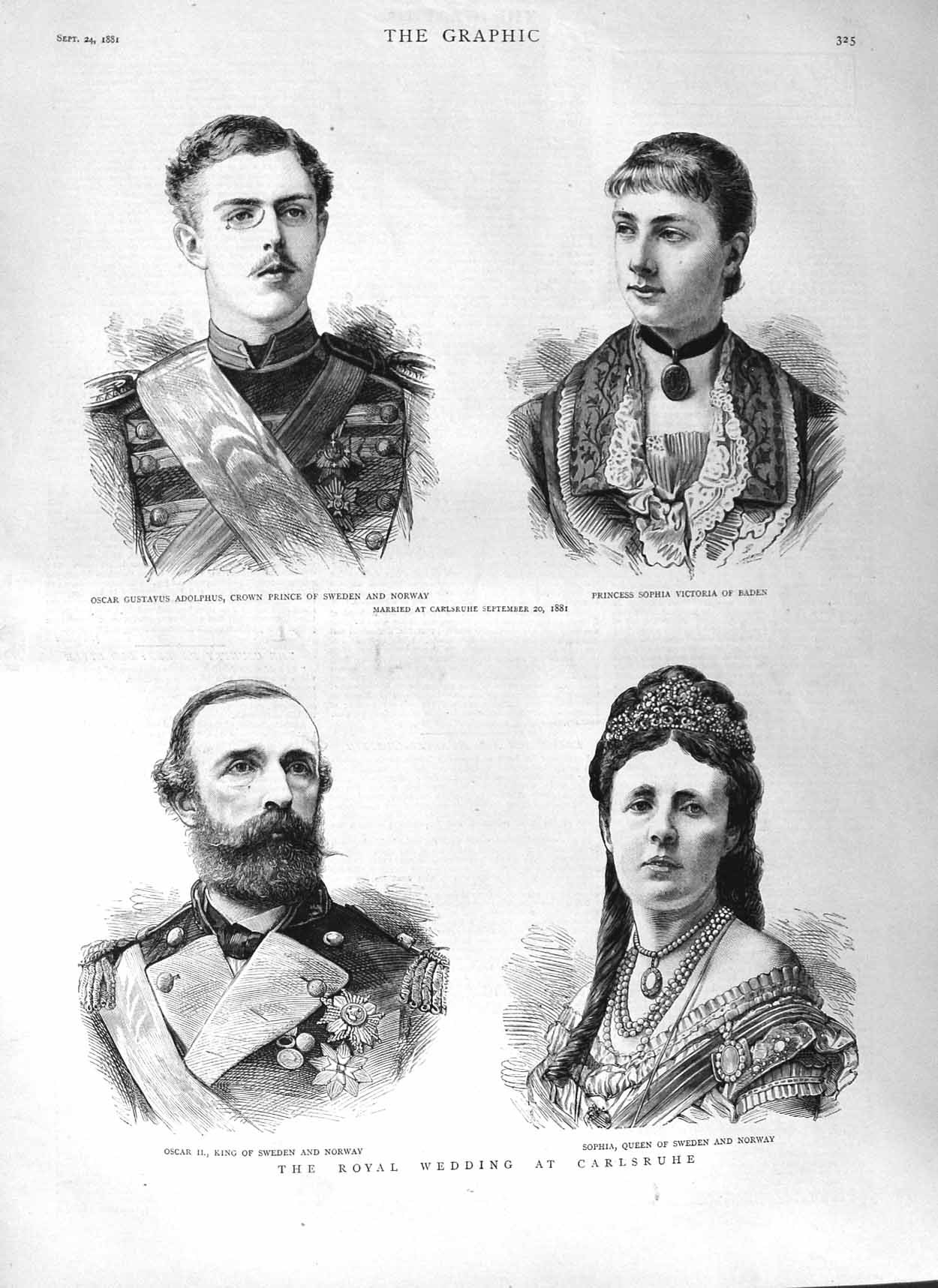 Old Antique Print 1881 Royal Wedding Carlsruhe Prince Sweden Oscar Sophia 19th