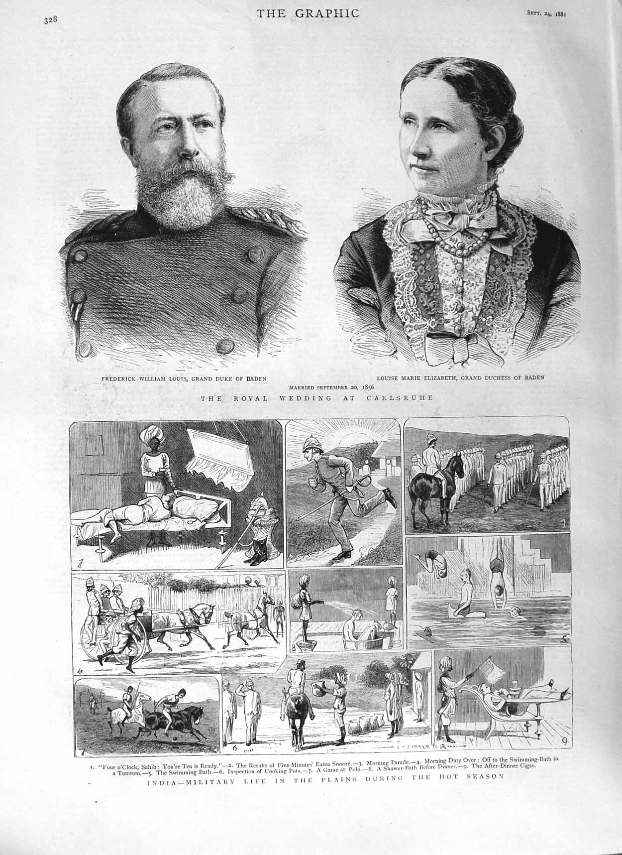 Old Antique Print 1881 Royal Wedding Duke Baden Elizabeth India Army War 19th