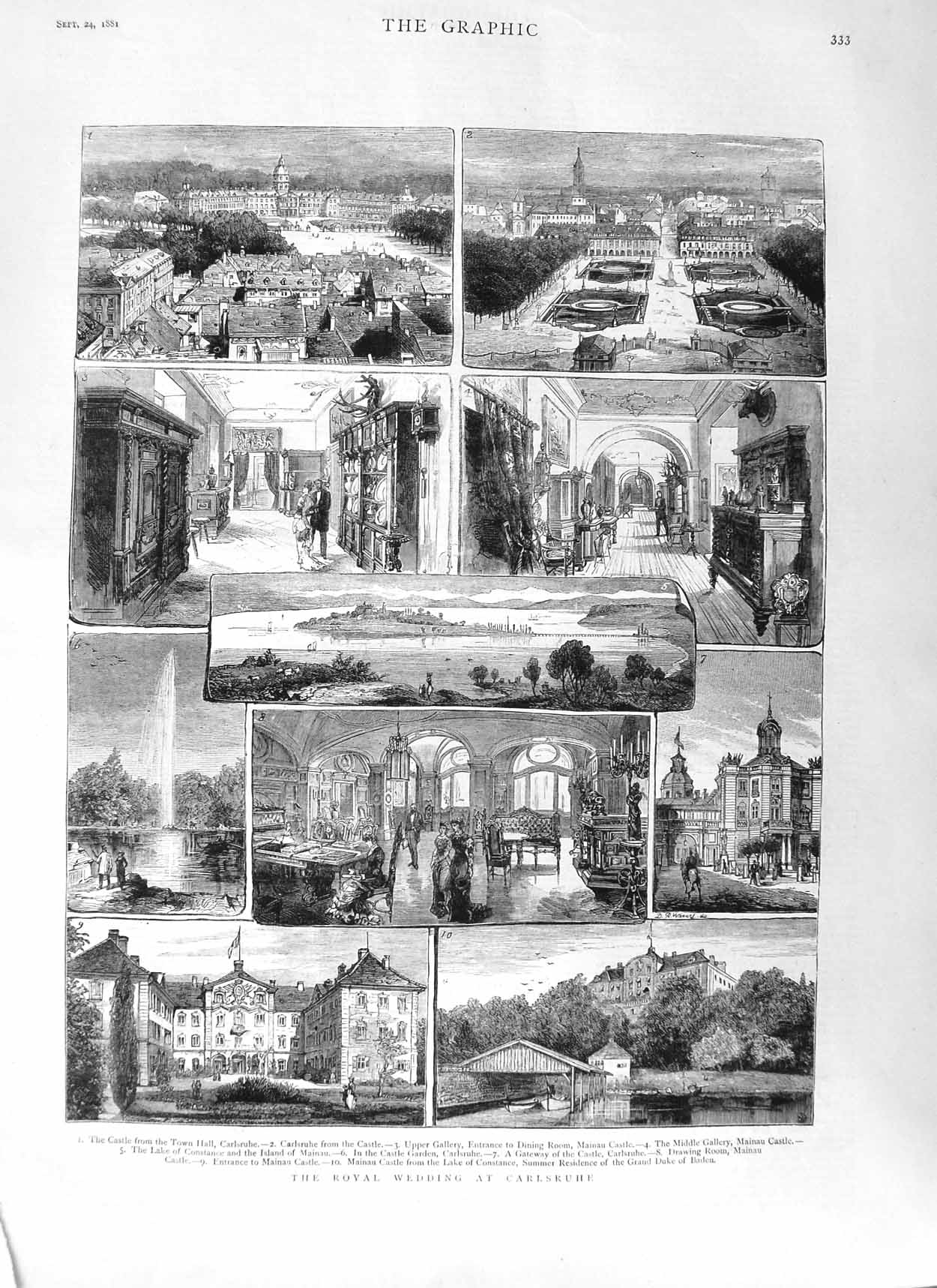 Original Old Antique Print 1881 Royal Wedding Carlsruhe Castle Mainau Constance