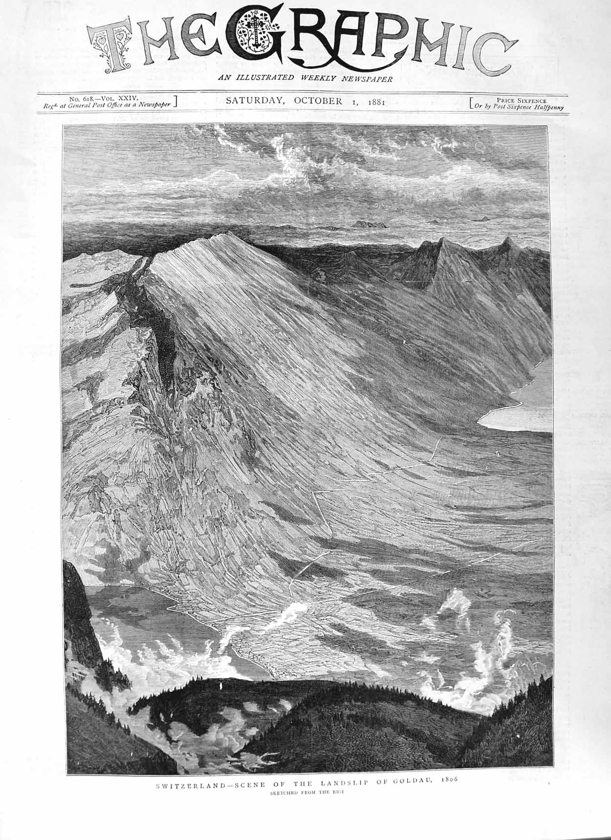 Original Old Antique Print 1881 Switzerland Landslip Gau Mountains F Victorian
