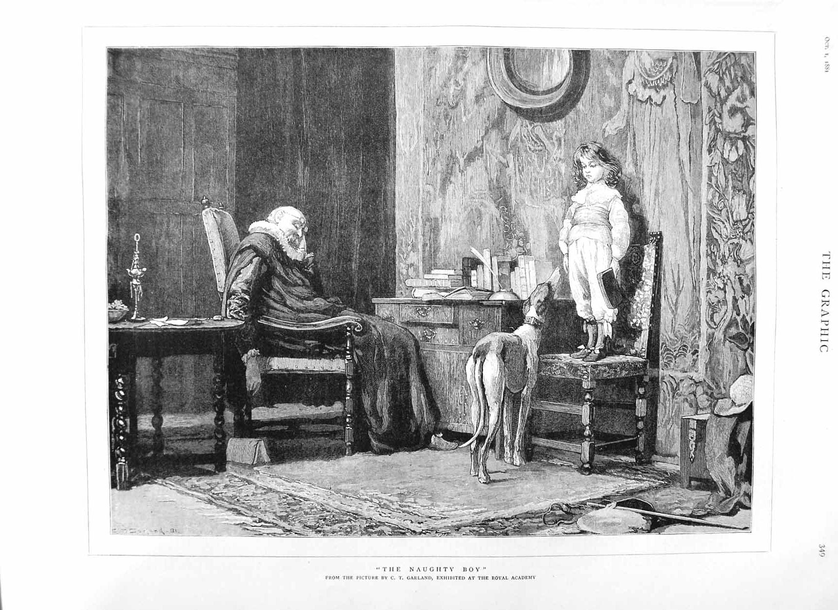 Original Old Antique Print 1881 Garland Fine Art Little Boy Man Chair Dog 19th