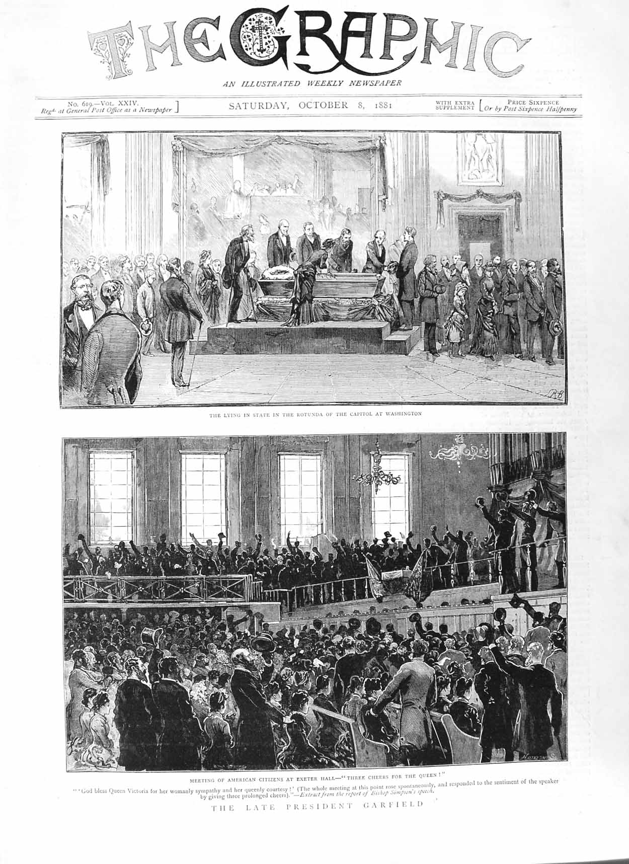 Old Antique Print 1881 President Garfield Exeter Hall Rotunda Washington 19th