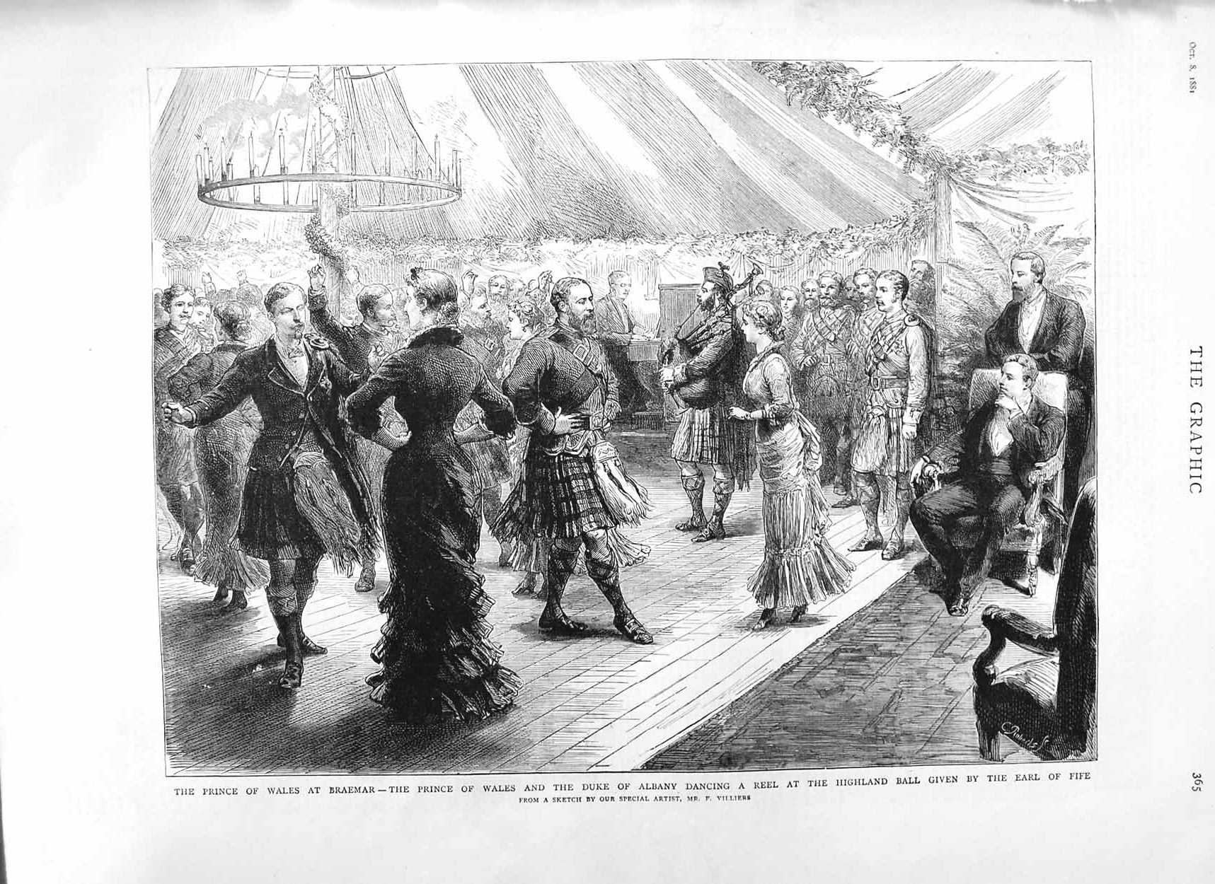 Original Old Antique Print 1881 Prince Wales Braemar Duke Albany Earl Fife Reel