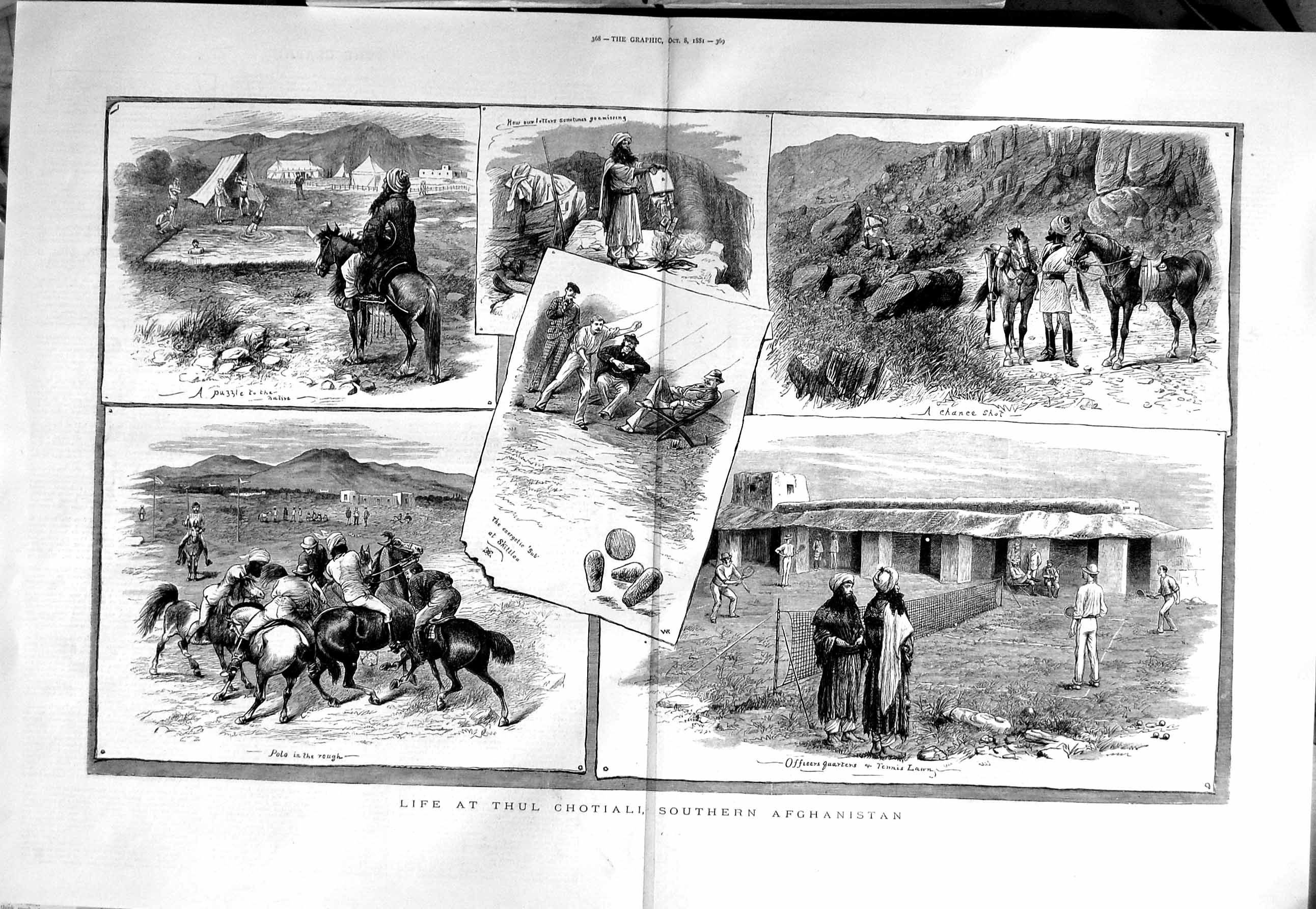 Antique Old Print 1881 Thul Chotiali Afghanistan Tennis Officers War Army 19th