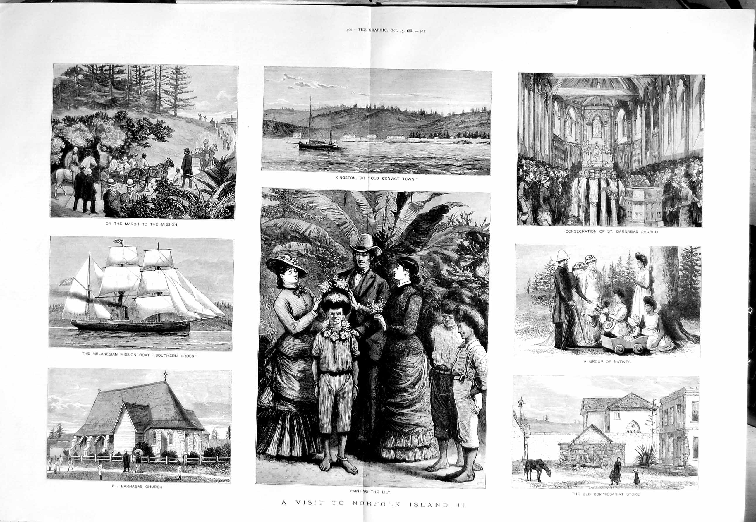 Original Old Antique Print 1881 Norfolk Island Kingston Ship Southern Cross 19th