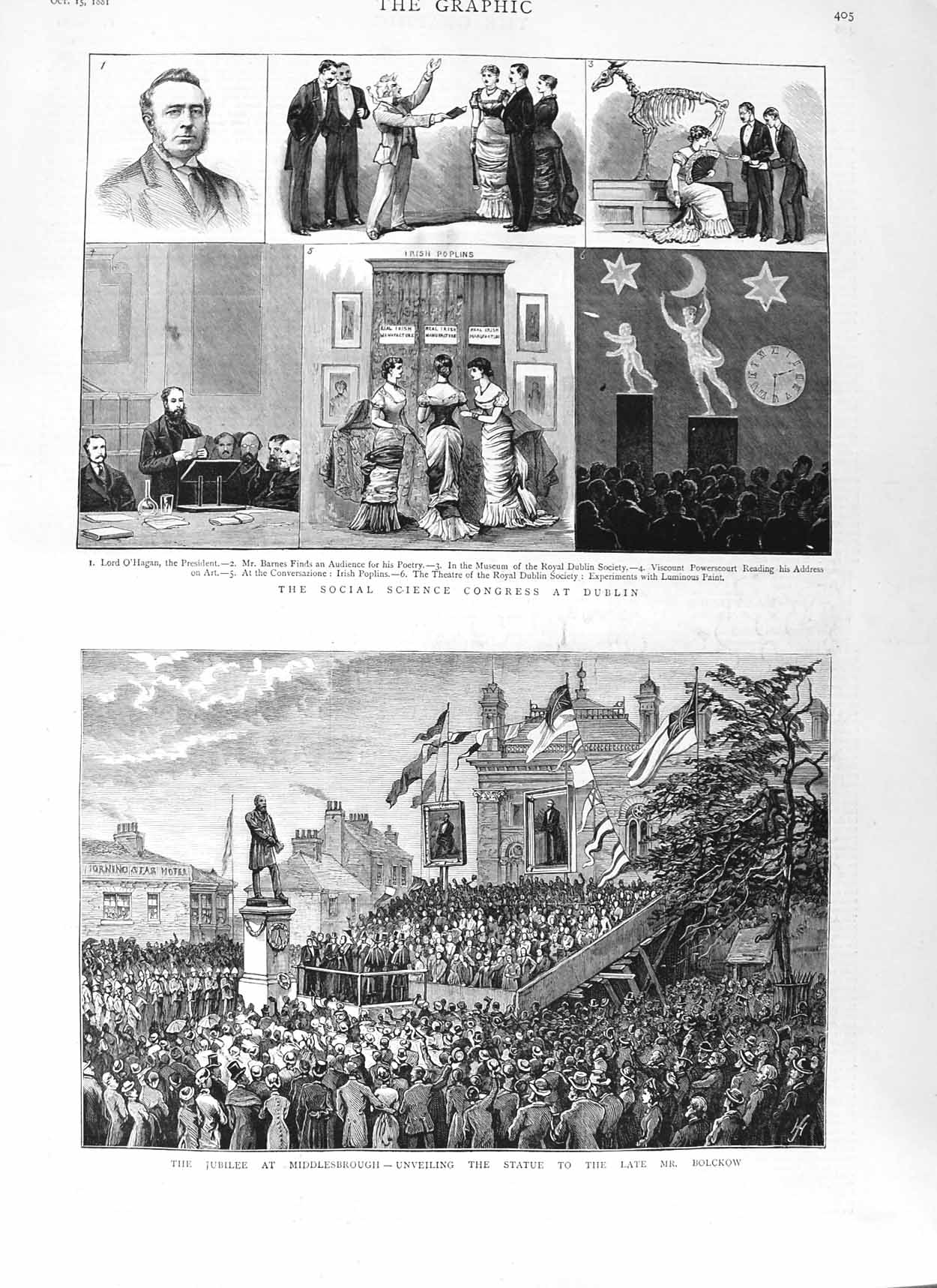 Original Old Antique Print 1881 Social Science Congress Dublin Statue Bolckow