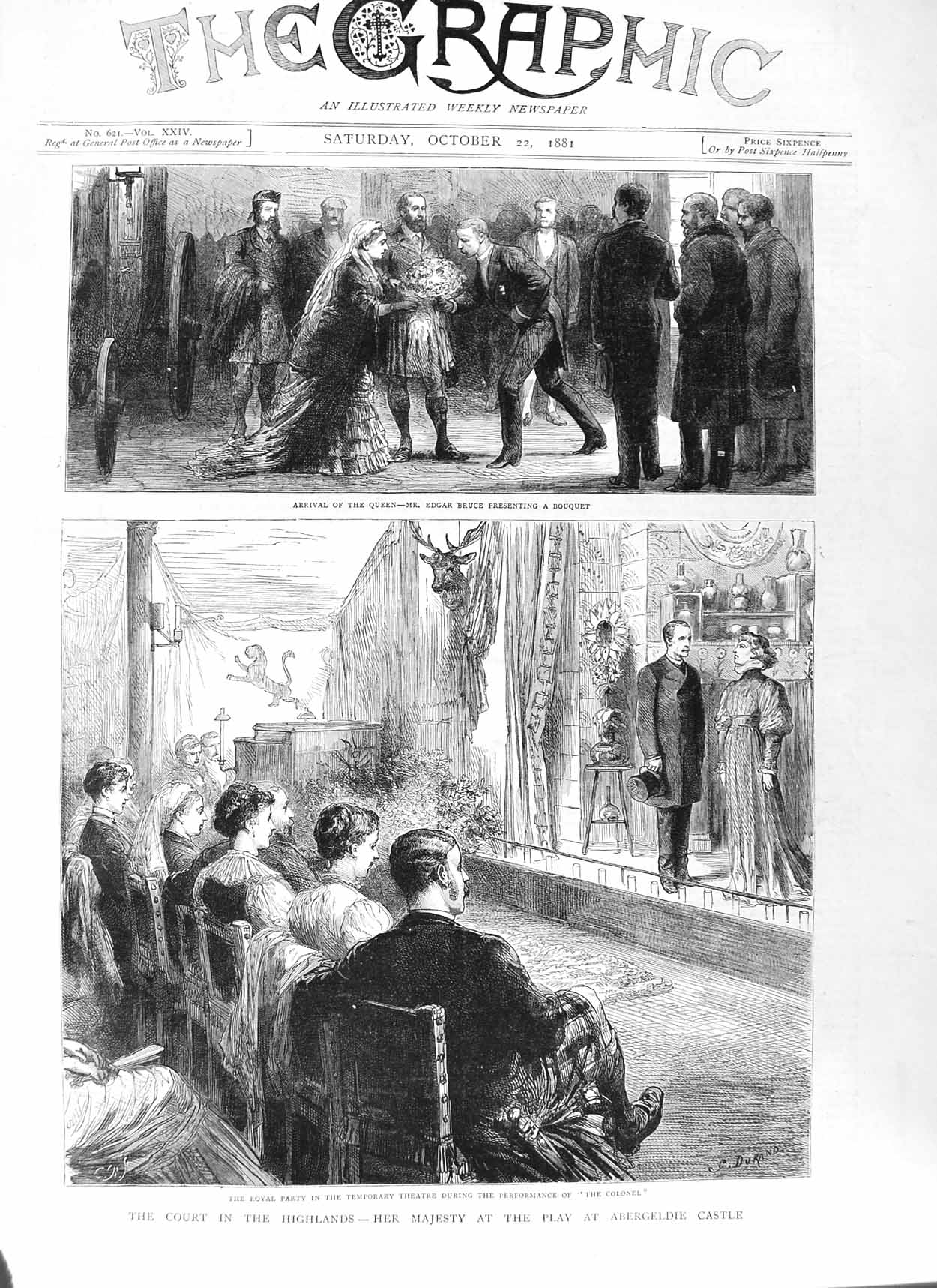 Original Old Antique Print 1881 Abergeldie Castle Scotland Queen Bruce Theatre