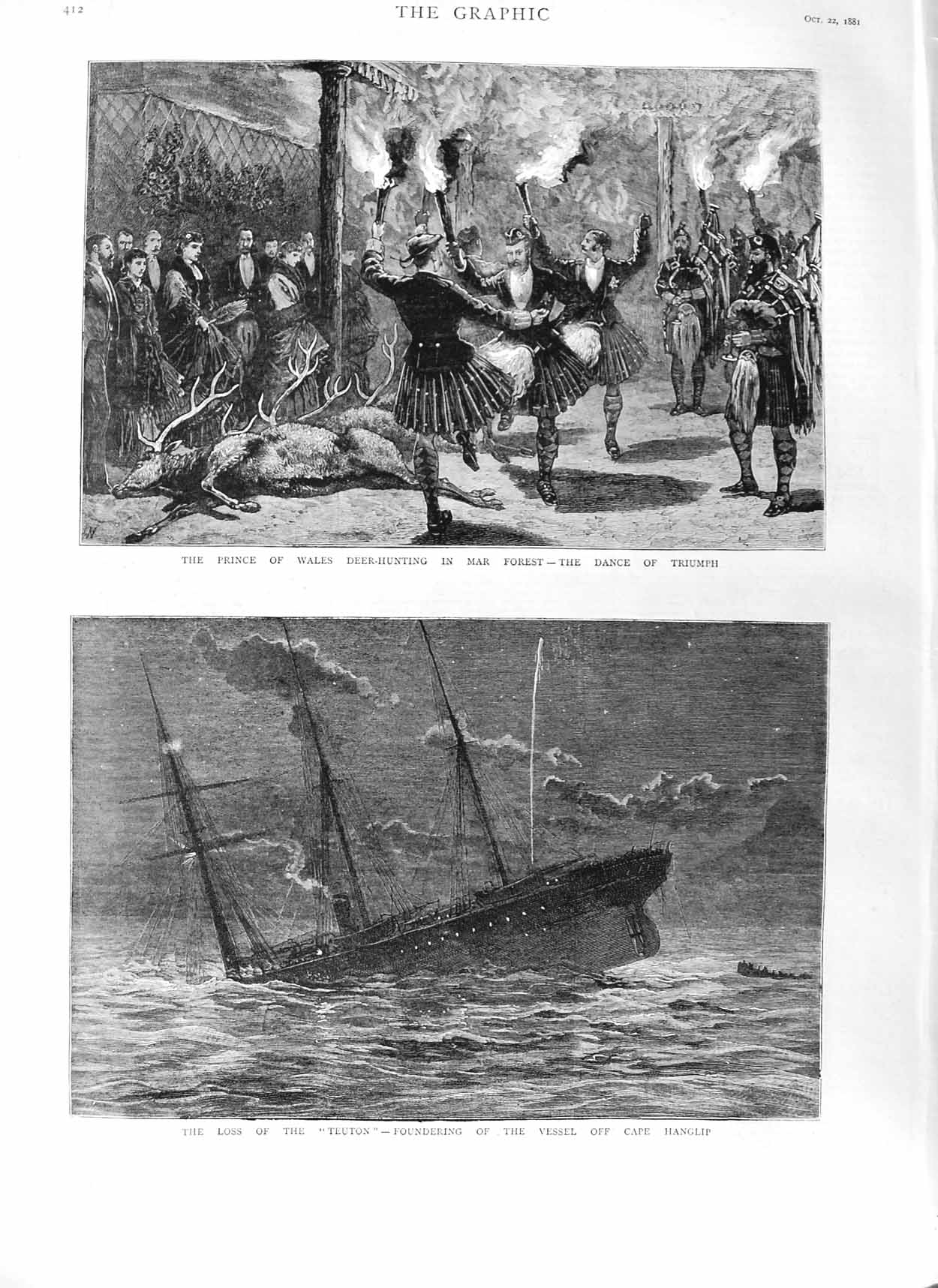 Old Antique Print 1881 Teuton Ship Hanglip Prince Wales Deer Hunting Mar 19th