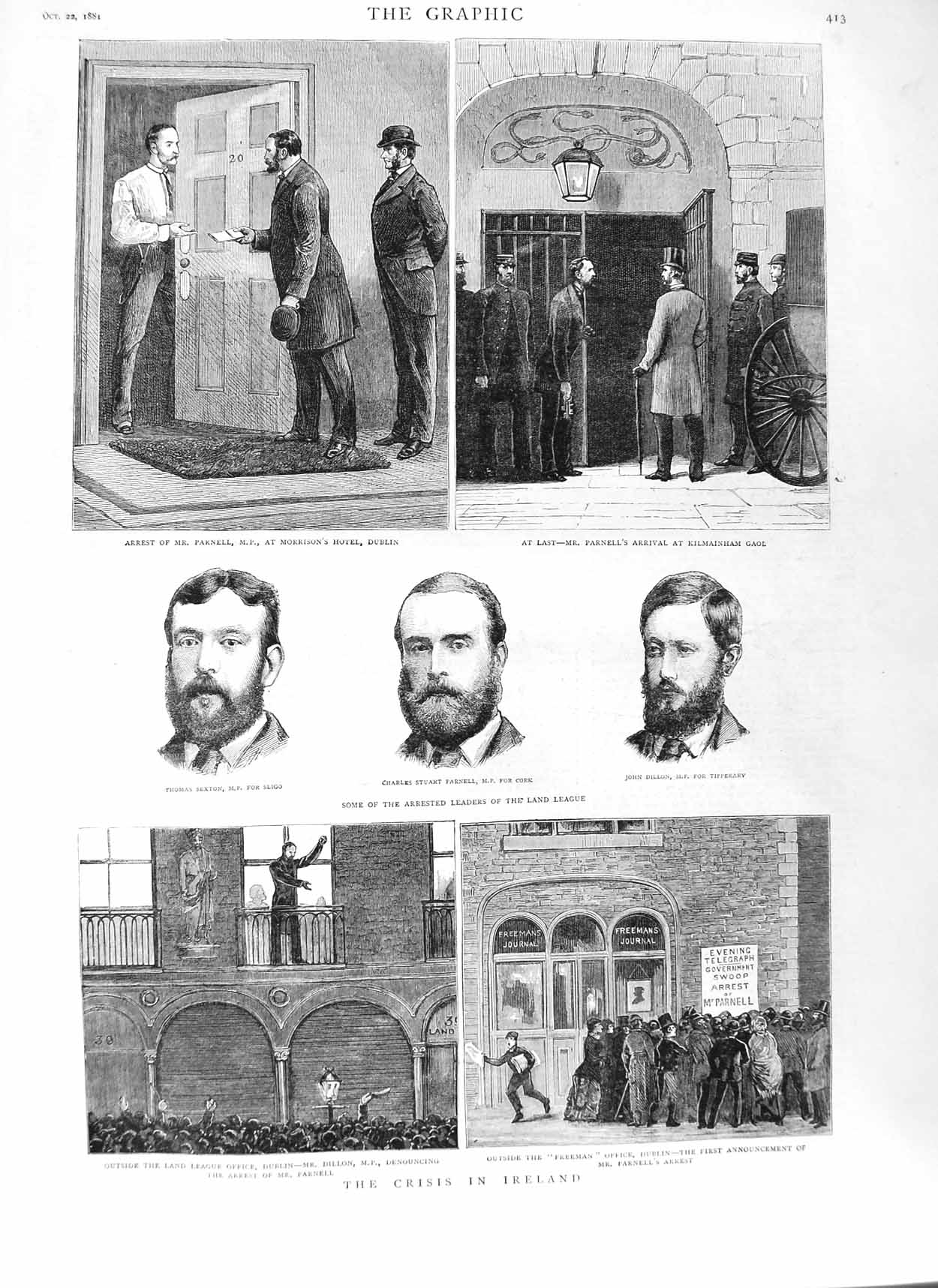 Old Antique Print 1881 Ireland Parnell Land League Kilmainham Gaol Sexton 19th