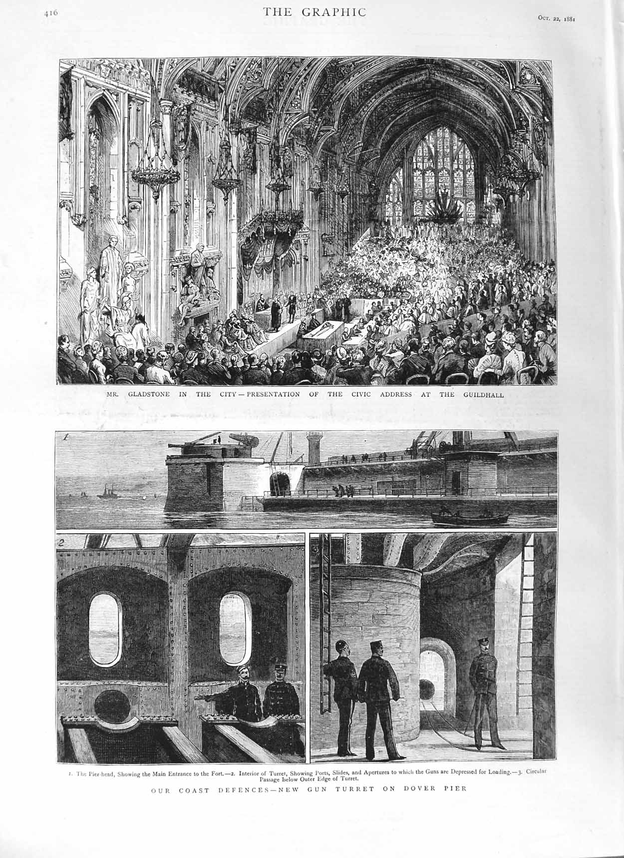 Original Old Antique Print 1881 Turret Dover Pier Mr Gladstone Civic Gu 19th